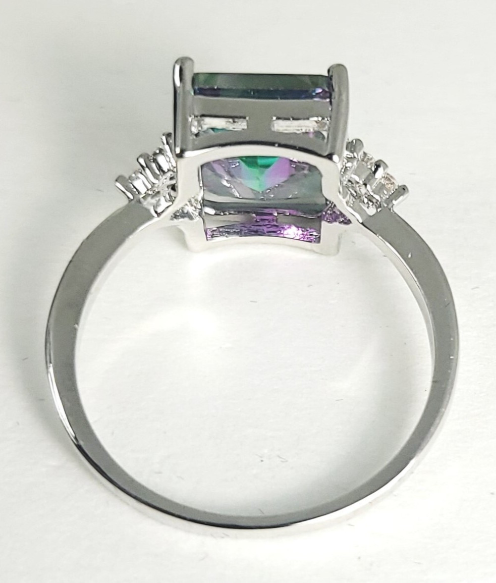 Large Square Cushion Cut Mystic Topaz Lab Created Diamond Side Accents Eng Ring