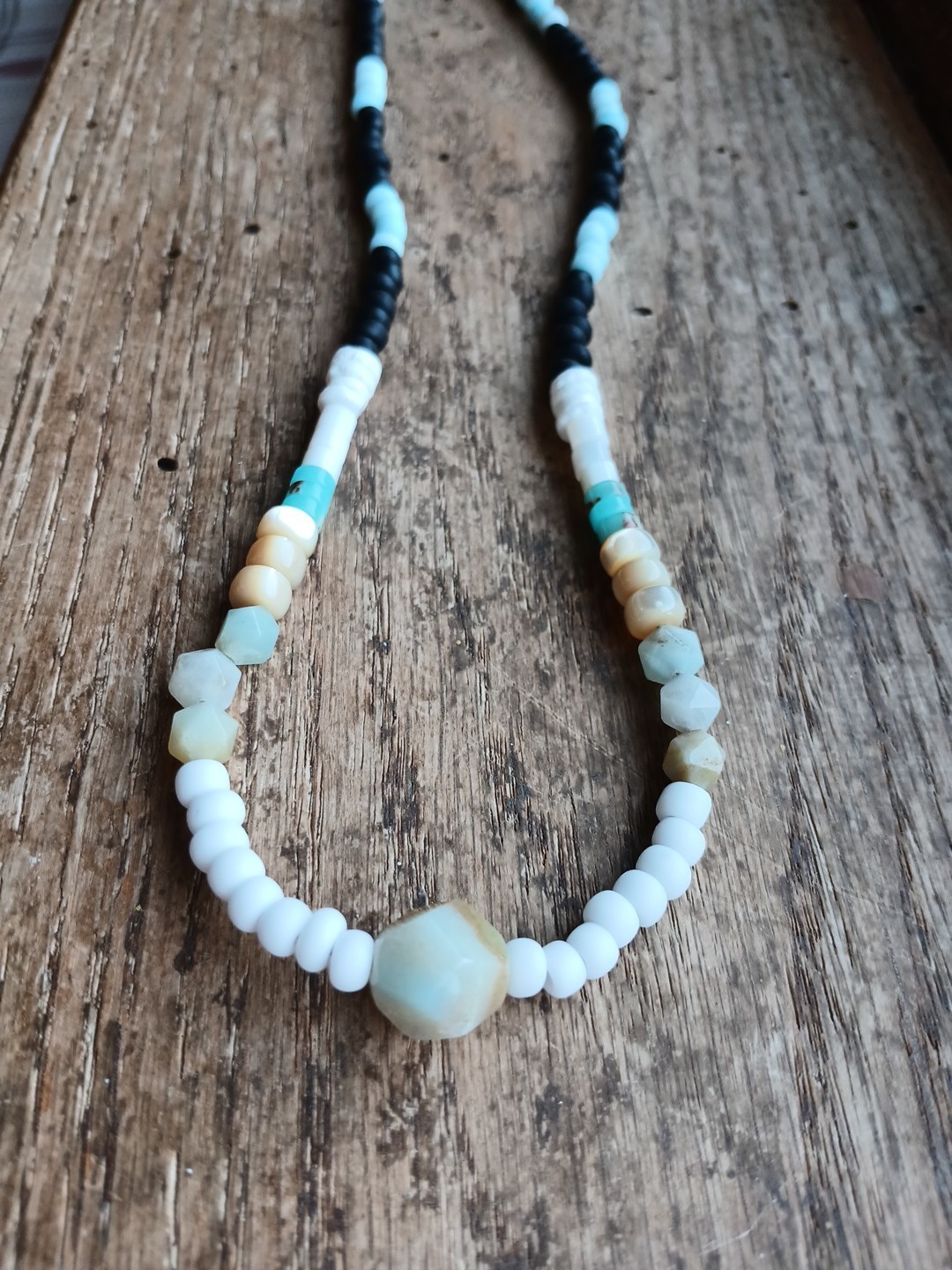 Amazonite River Shell Glass Bead Necklace Hemp Cord Hippie Boho Layering