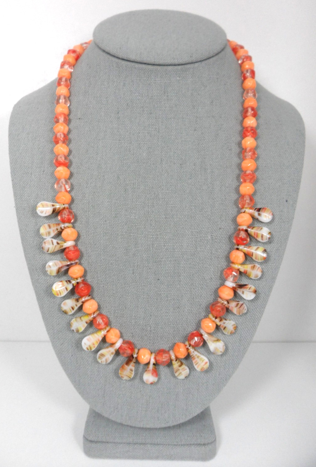 Art Glass Bead Necklace Fringe Drops Vintage Coral Orange Stripes Granny Core