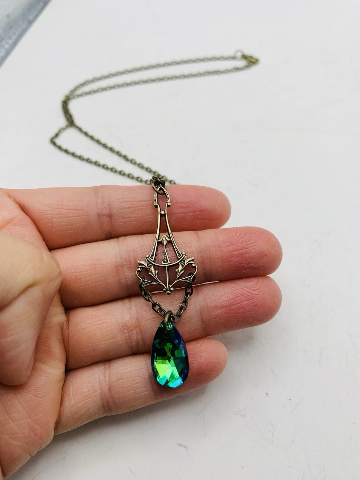 Vintage Style Art Nouveau Bronze Tone Mermaid Blue Teardrop Drop-down Necklace