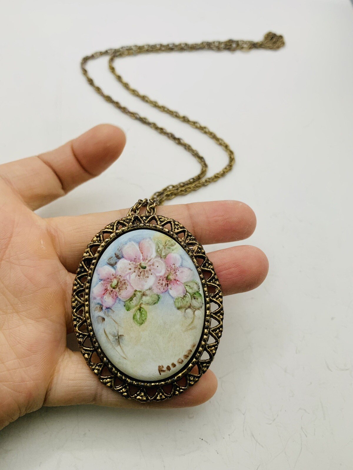 Vintage Cottagecore Hand Painted Pink Flower Nature Scene Artist Signed Necklace