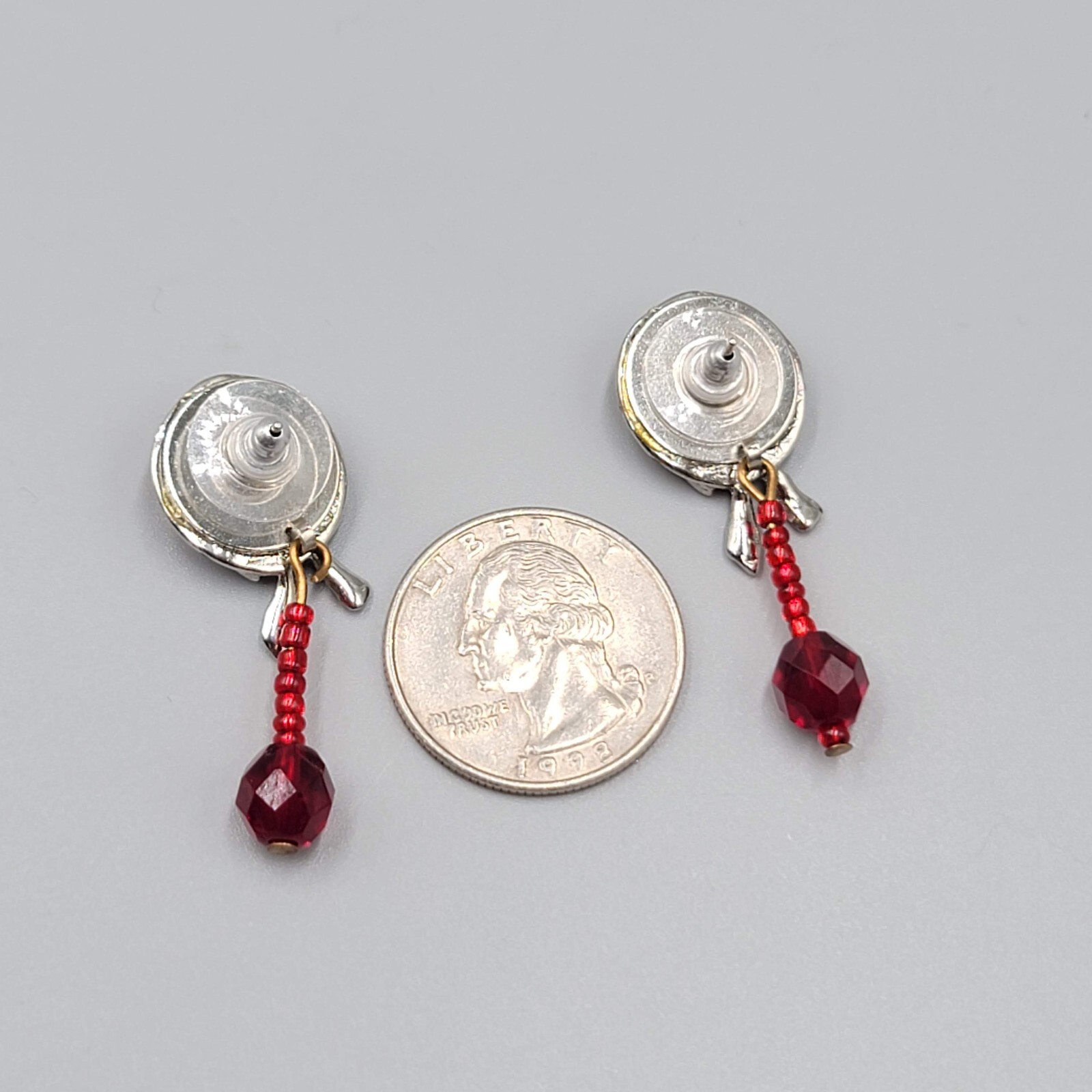 Vintage Red Hat Society Pierced Earrings Enamel Dangle 1.5″