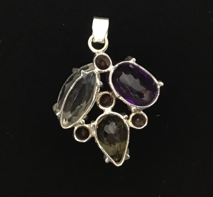 Sterling Silver Multicolor Precious Gemstone Vintage Pendant