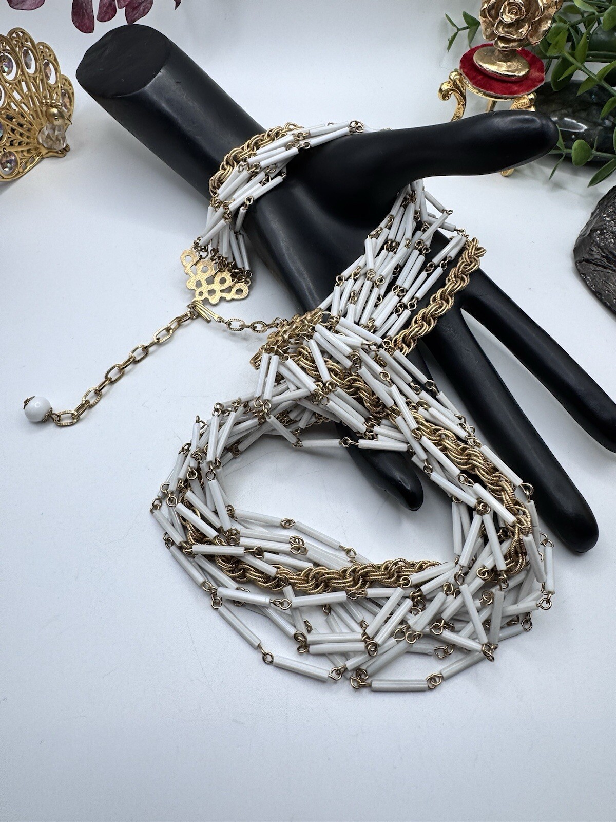 Gorgeous Vintage Necklace White Multi Strand Tube And Rope Chain Gold Tone