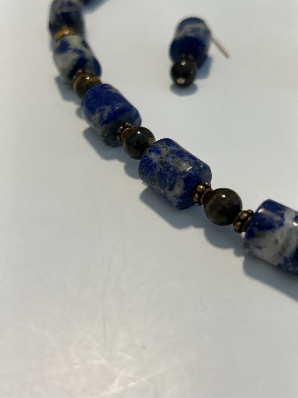 Lapis Lazuli & Tigers Eye Gems Necklace 20” Pierced Earrings 1 3/4” By 1/4”