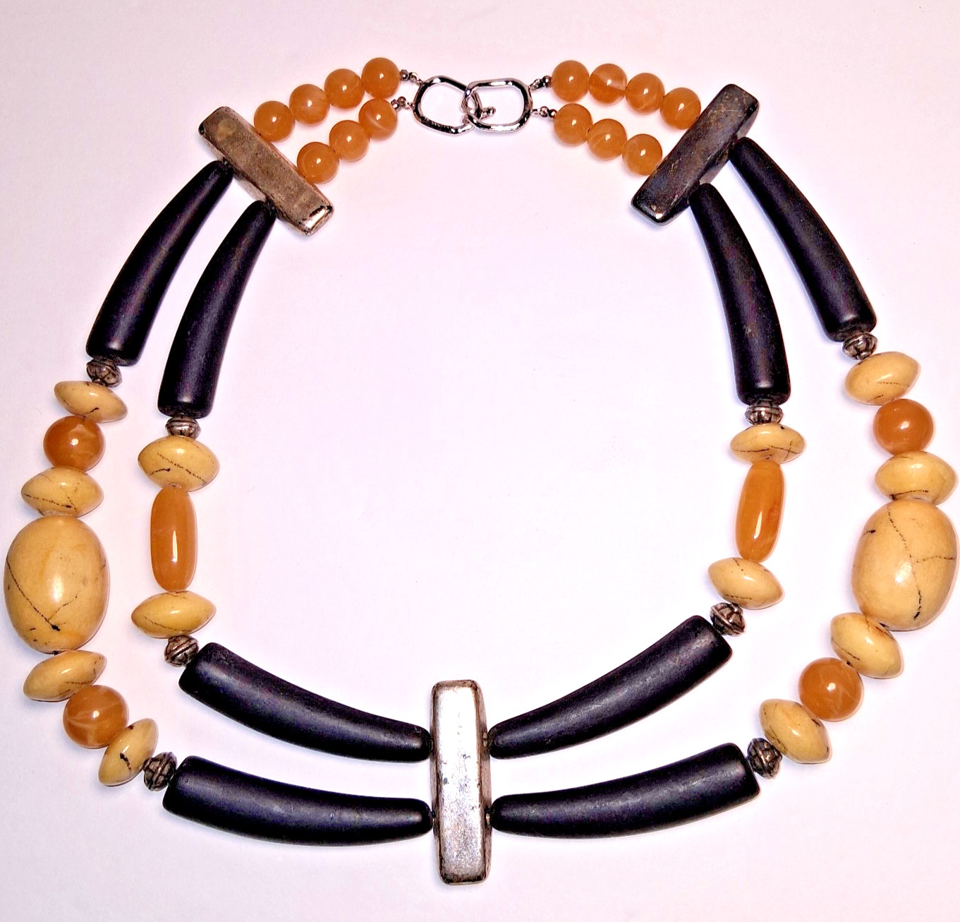 Vintage Les Bernard Double Strand Faux Horn Runway Necklace Black & Amber Resin