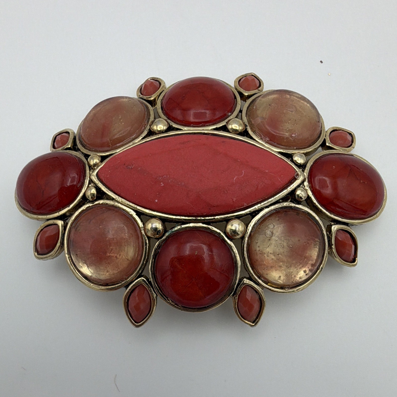 Signed Oval Red and Orange Cabochon Stone Brooch Pin Gold Tone Bezel Set