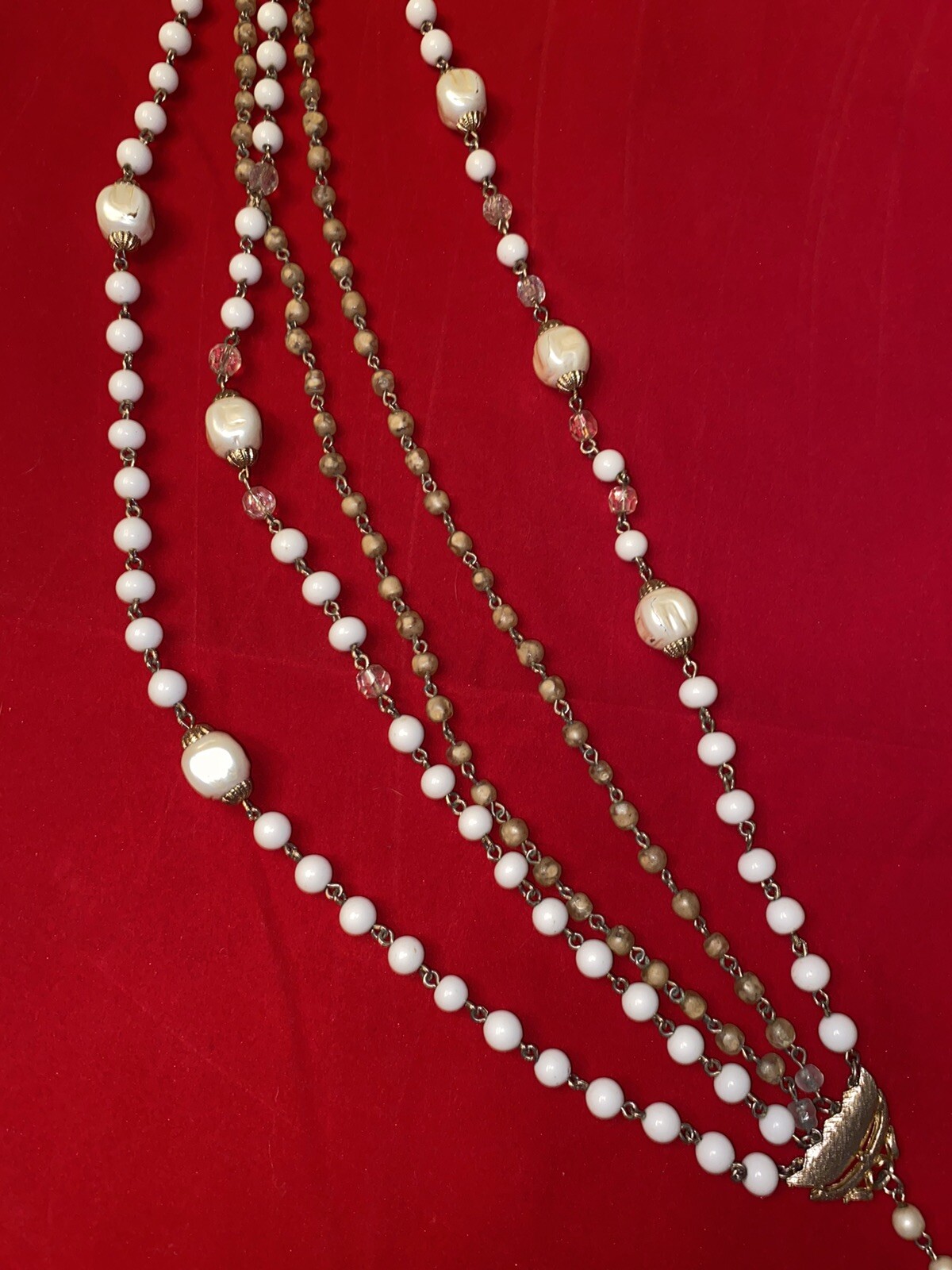 Vtg Multi Strand Gold White Champagne Crystal Faceted Bead Necklace 19”