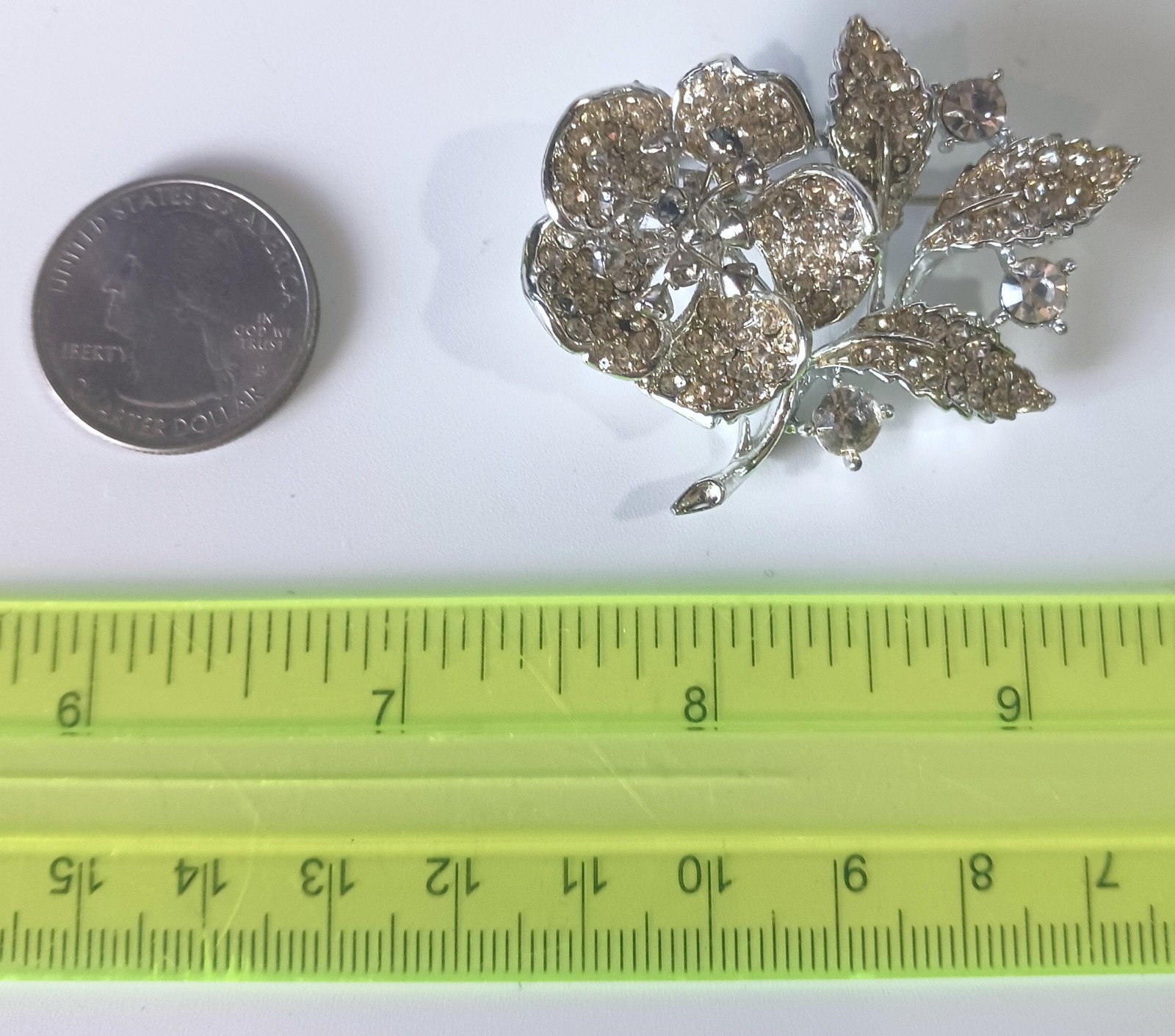 Vintage Bright Silver-tone White Rhinestone Brooch with Flower & Leaves