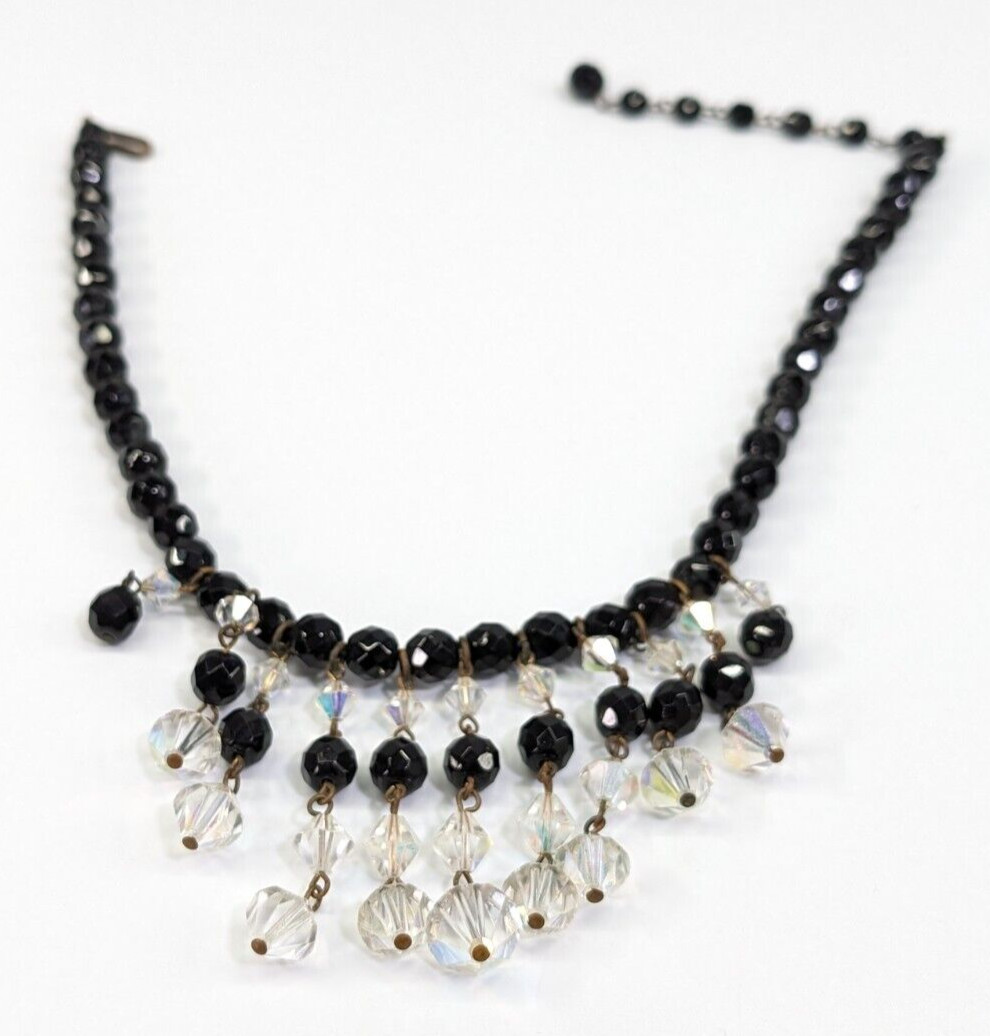 Vintage Black Glass Faceted AB Crystal Fringe Beaded Bib Statement Necklace