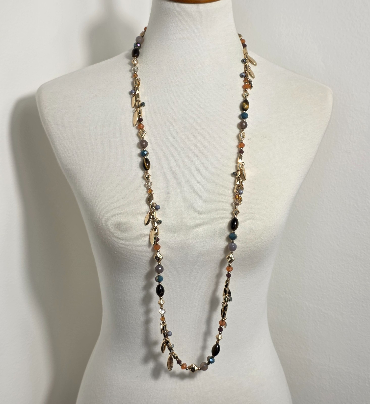 Cato Long Gold Tone Fashion Necklace Multi-Colored Beads & Leaf Charms