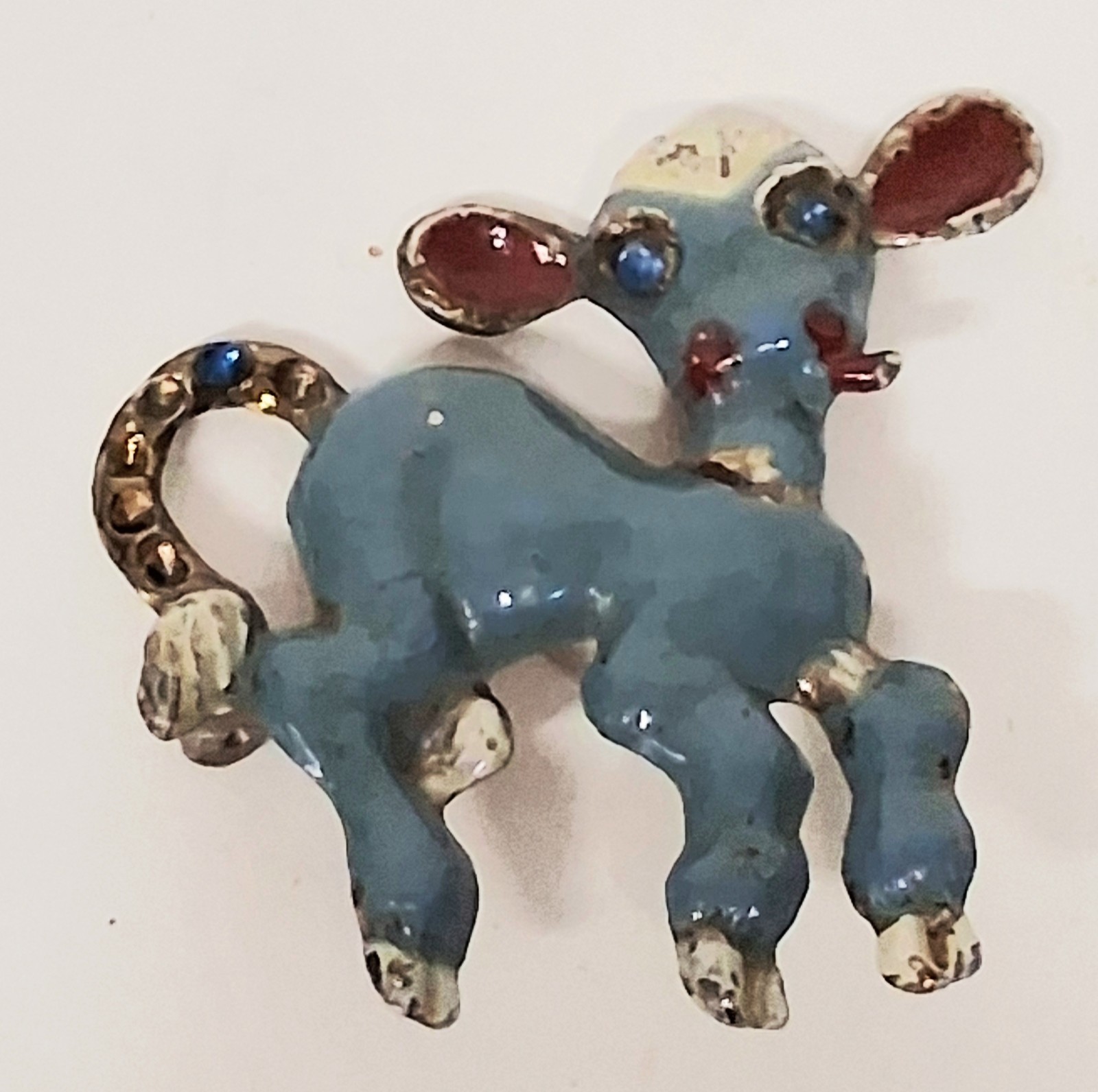 Vintage 1930’s Goldtone And Blue Enamel Cow Calf Brooch