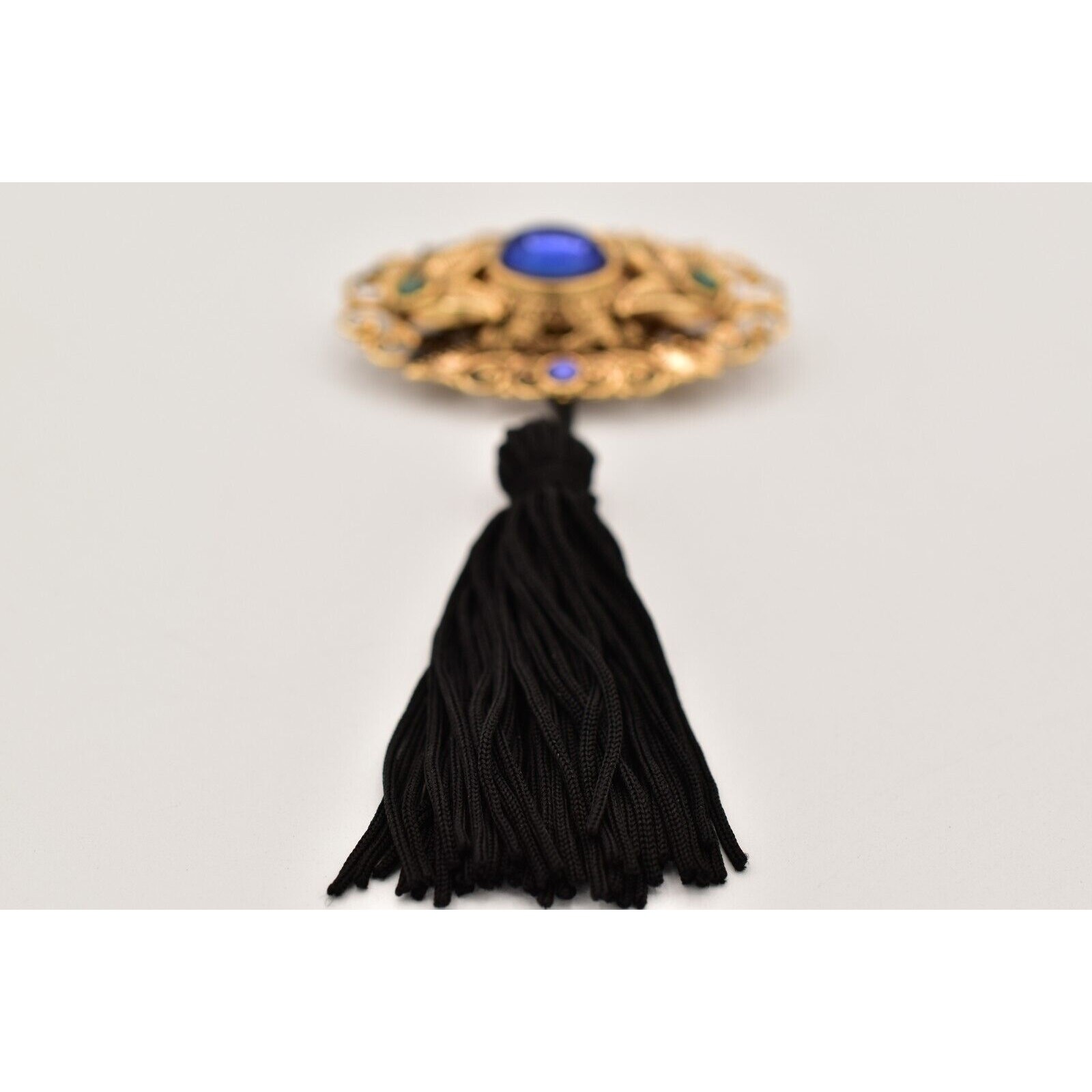 Vintage Cabochon Tassel Pin Brooch Lightweight Antiqued Gold Blue Black BinBG