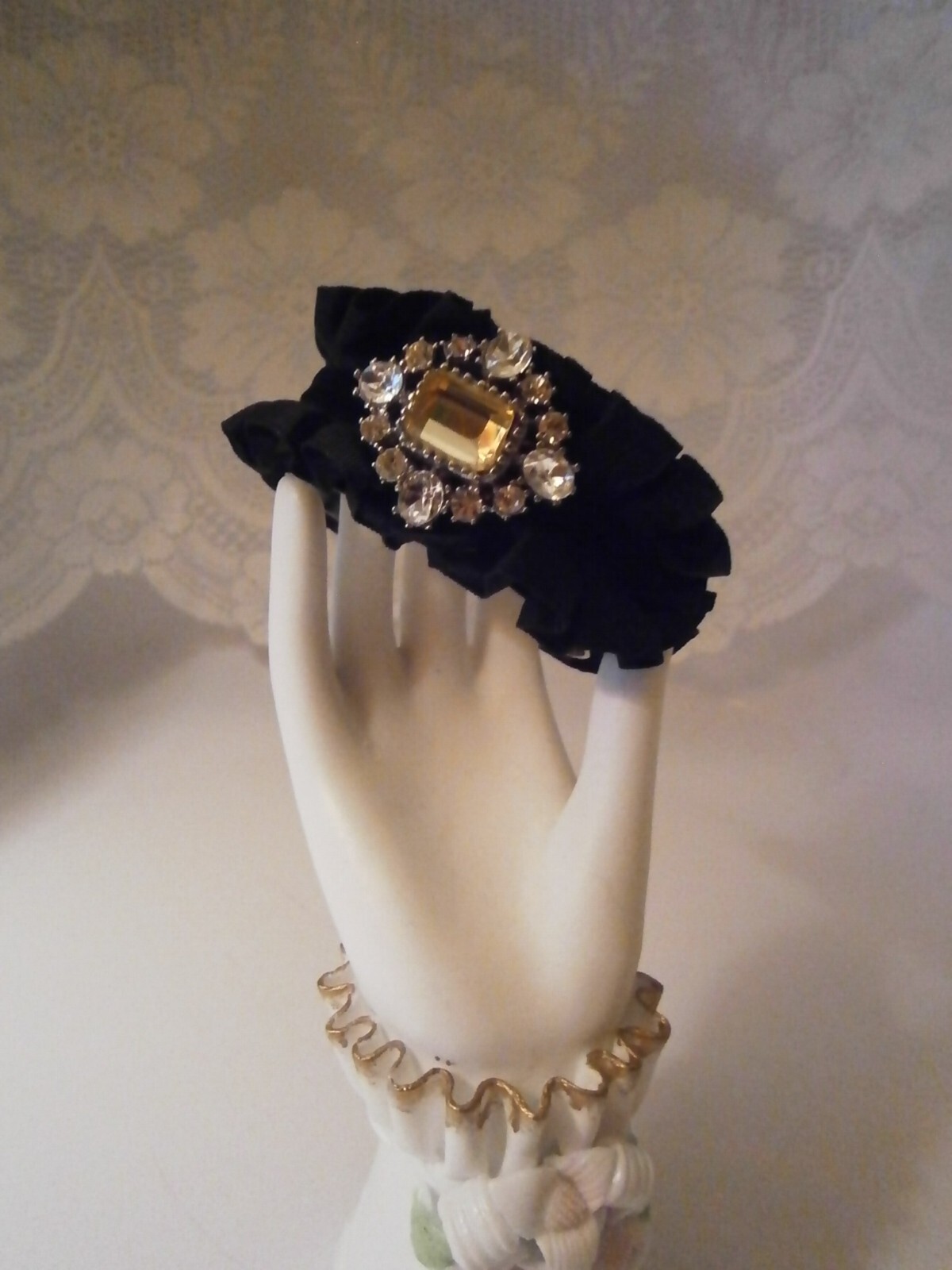 Vintage Yellow White Rhinestone Black Velvet & Satin Ruffle Cuff Bracelet