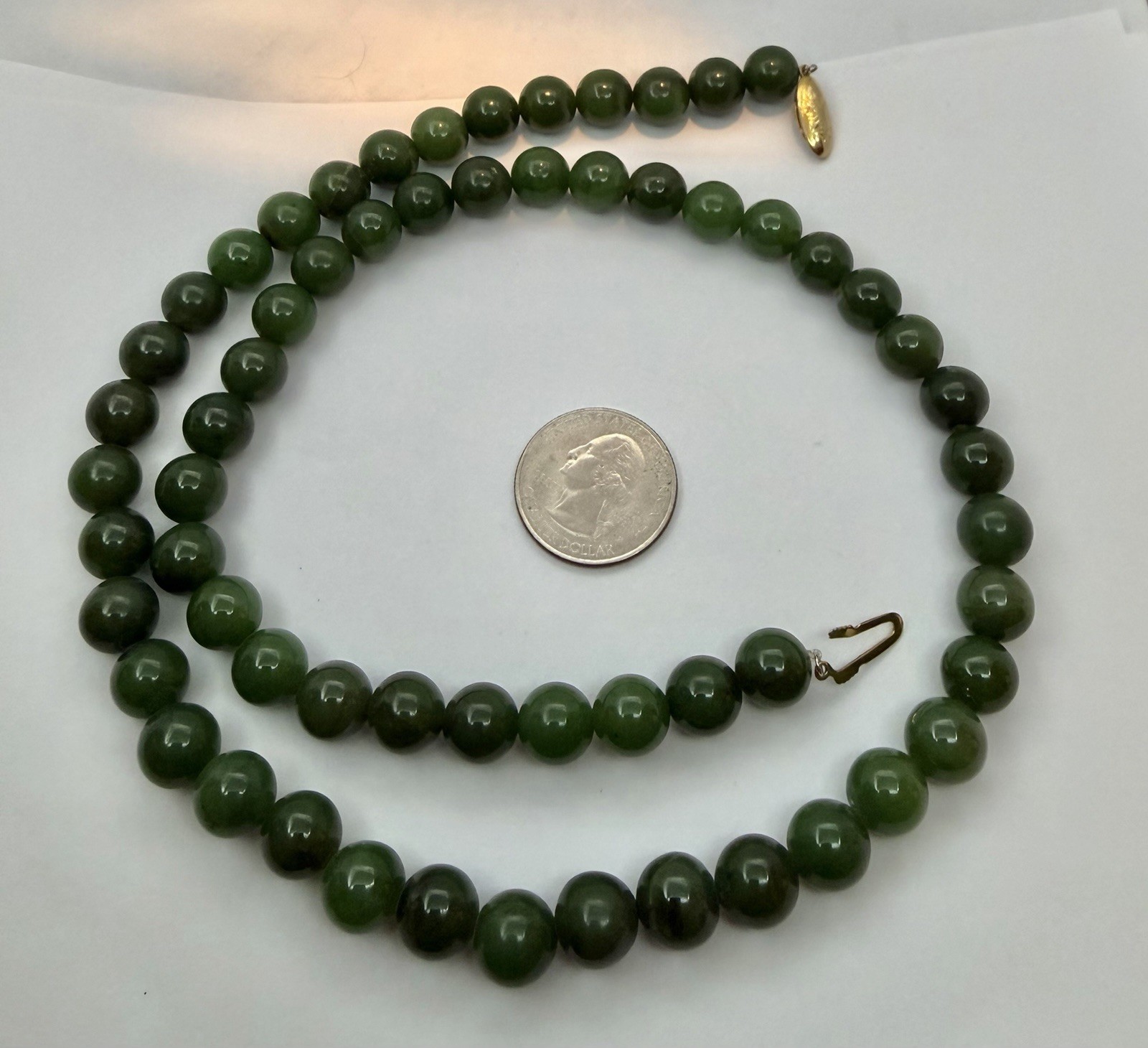 Vintage 8mm Dark Green Jade Beads Necklace Goldtone Clasp 23”