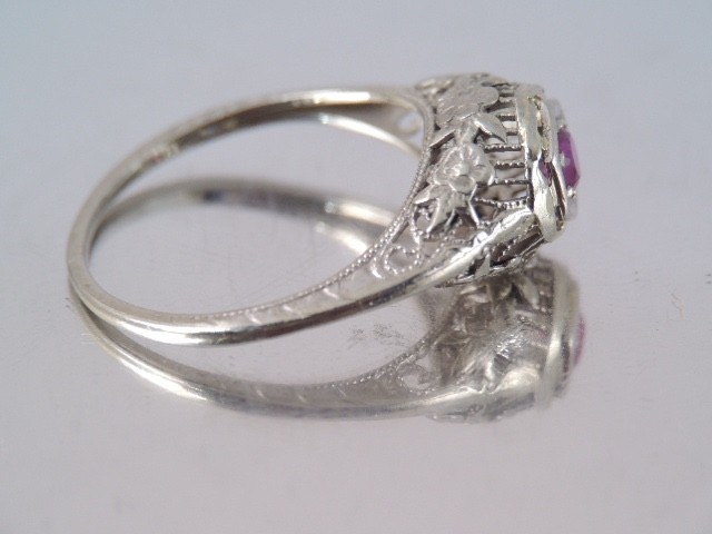 ANTIQUE ART DECO 18K WHITE GOLD FILIGREE LAB RUBY STONE RING sz 5 3/4