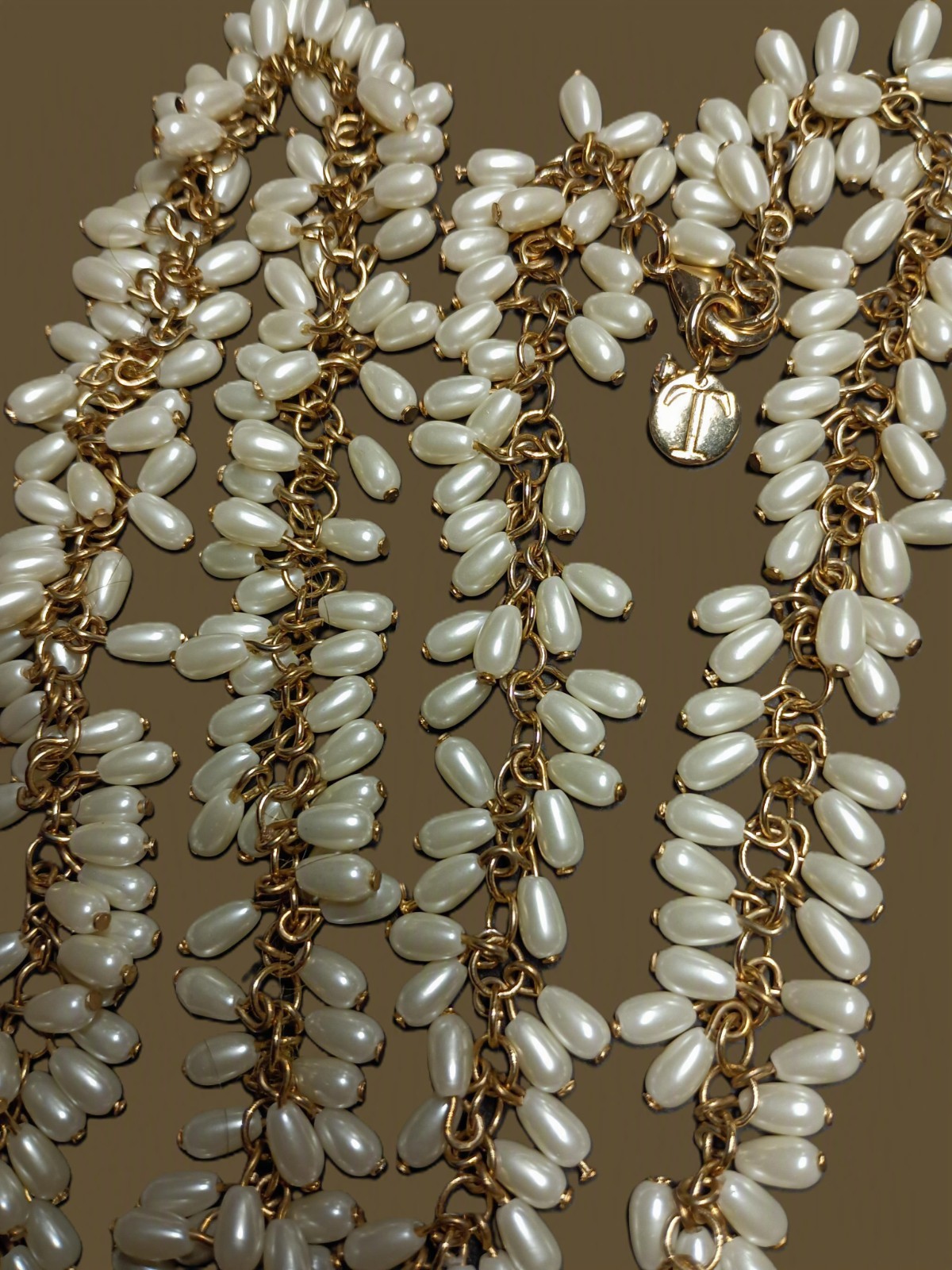 Talbots Vintage Long Faux Rice Pearl Cluster Statement Necklace Gold Tone 36″