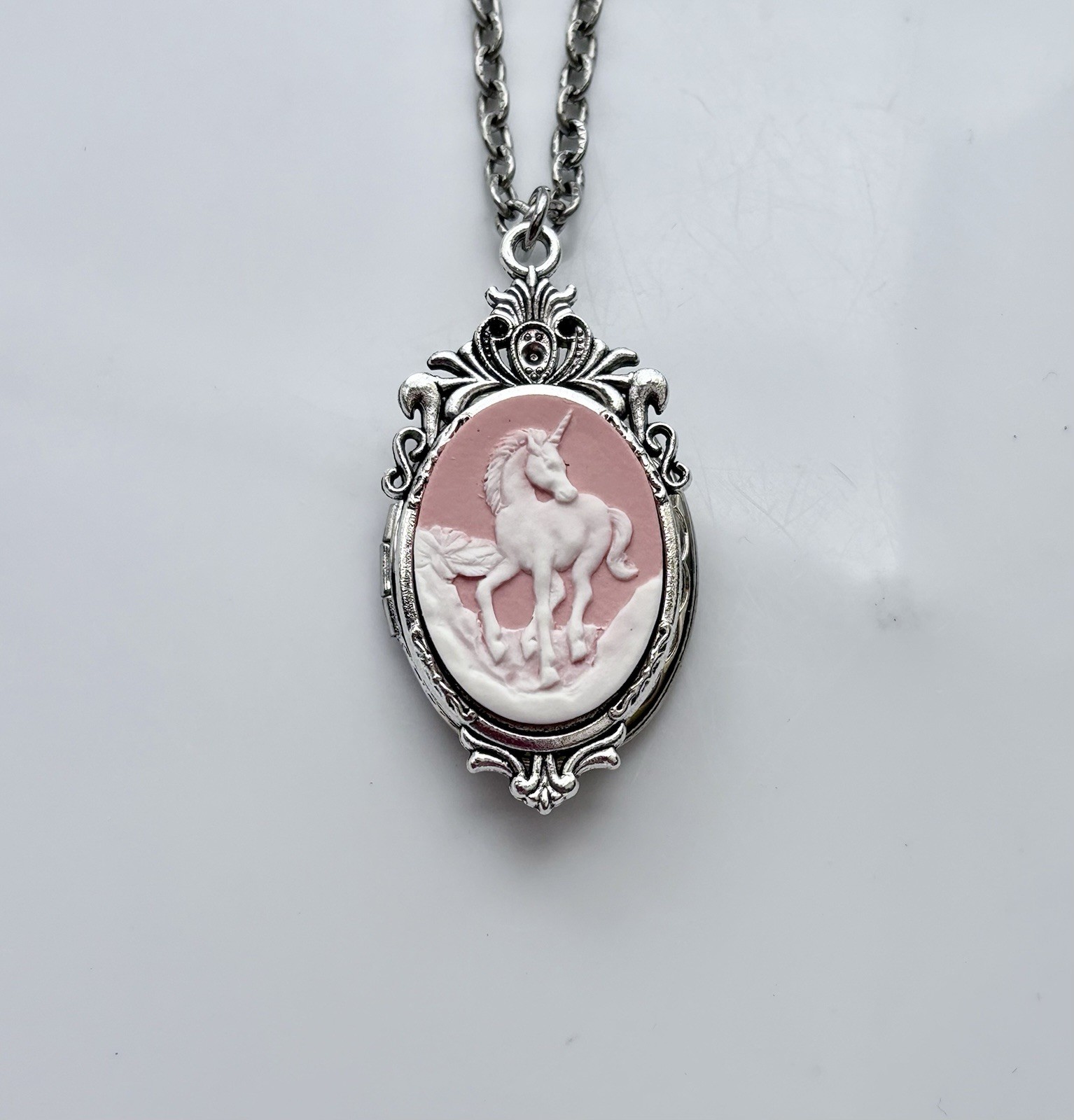 Pink Unicorn Cameo HIDDEN LOCKET Necklace, Vintage Secret Pillbox Pendant