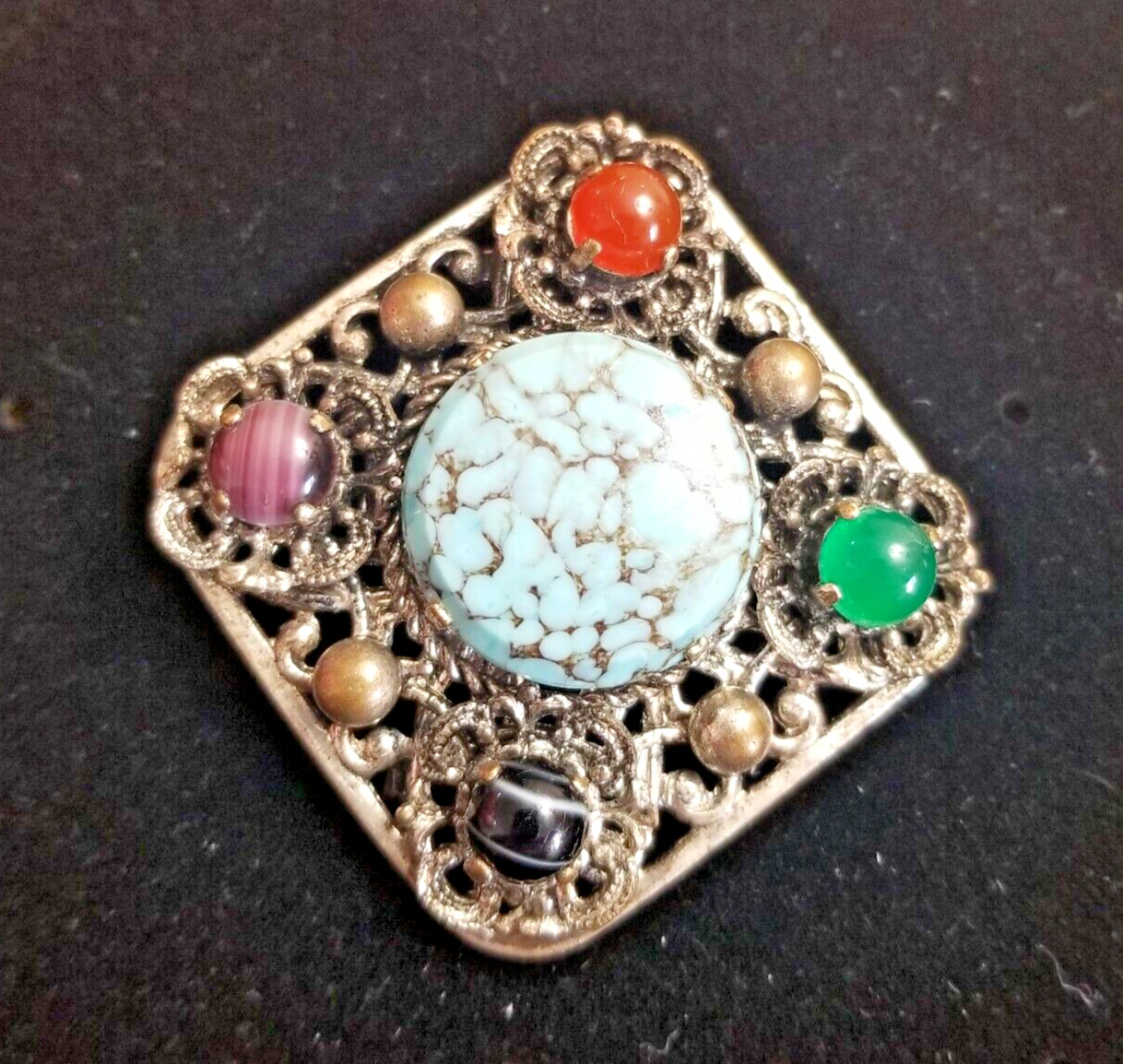 Vintage Brooch and/or Pendant, Silver Tone w Multicolor Faux Stones Gold toned