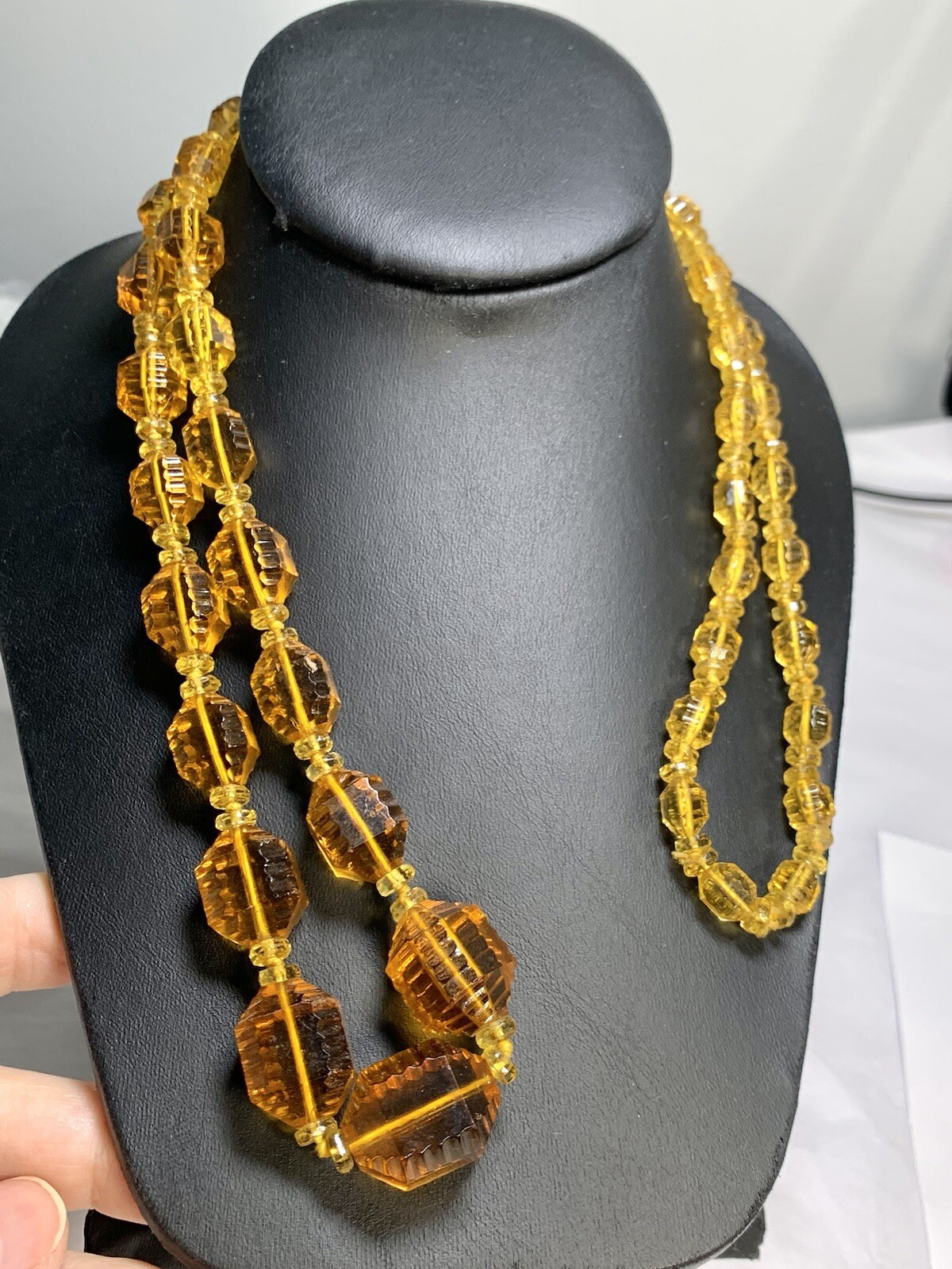 Vintage STUNNING Amber Czech Glass Lozenge Hand Knotted Beaded Necklace 36″ !