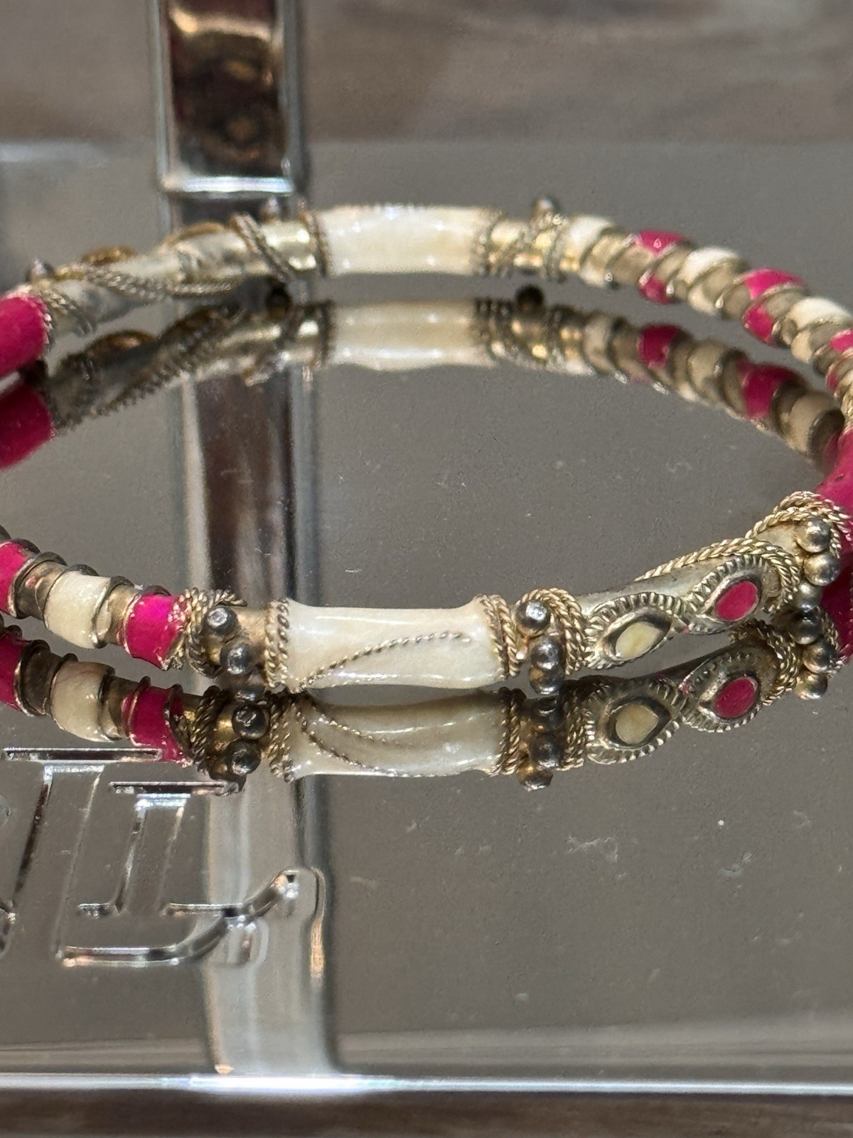Vintage Pink Gold Ivory Ornate Enamel Bangle Bracelet And Earring Set Stunning
