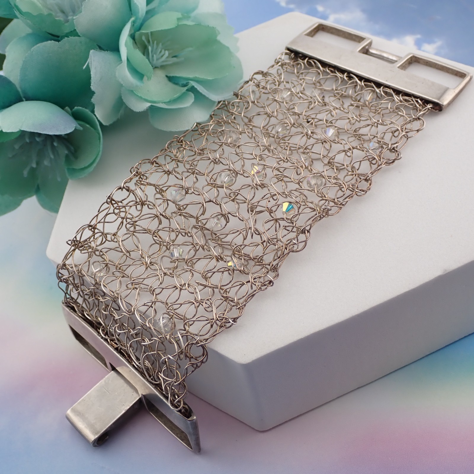 VTG Artisan Sterling Silver Wired Wide Crystal Mesh 6″ Wrap Bracelet 47.1 grams