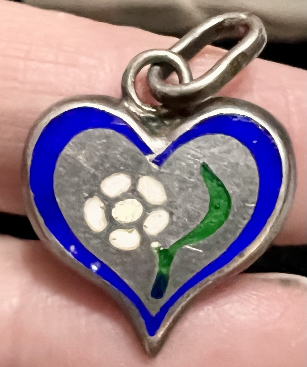 925 STERLING SILVER Enamel HEART & DAISY or ROSE FLOWER Charm PENDANT Vintage