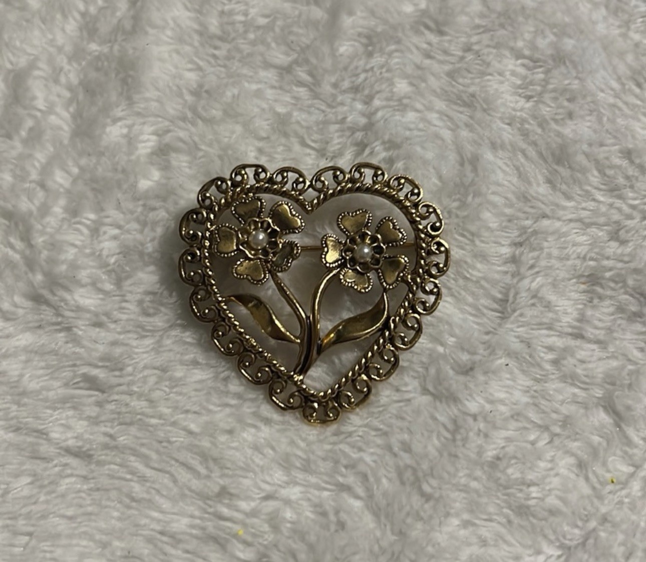 Vintage Heart and Flowers Faux Pearl Brooch
