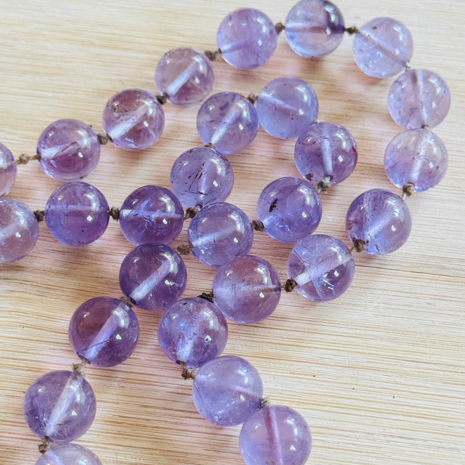 VTG Amethyst Necklace Knotted Genuine Natural Stone Round beads 19″ 10MM