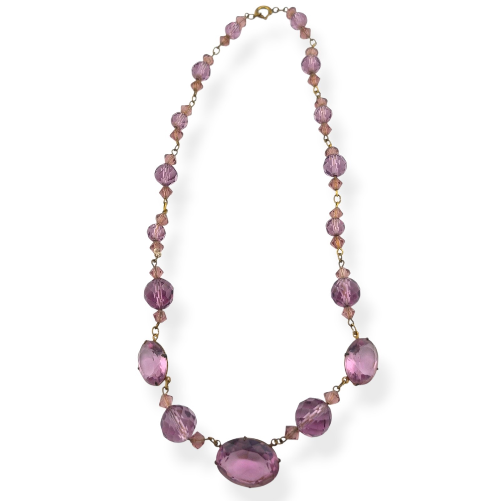 Vintage Art Deco Amethyst Purple Glass Bead Necklace Faceted Prong Set Czech