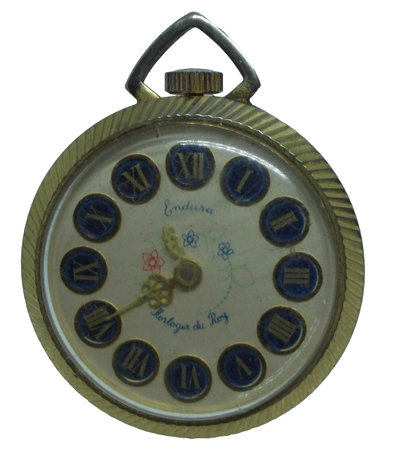 Endura Pocket Watch Womens Pendant Fob GoldTone Roman Numerals Painted vtg AS IS