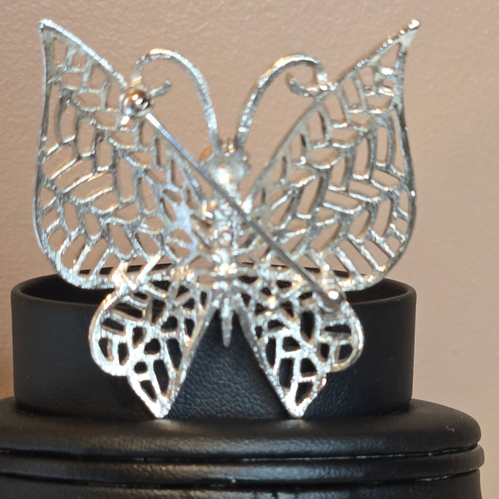 Vintage Avon Butterfly Brooch Silver Gold Tone Filigree Blue crystal Rhinestones
