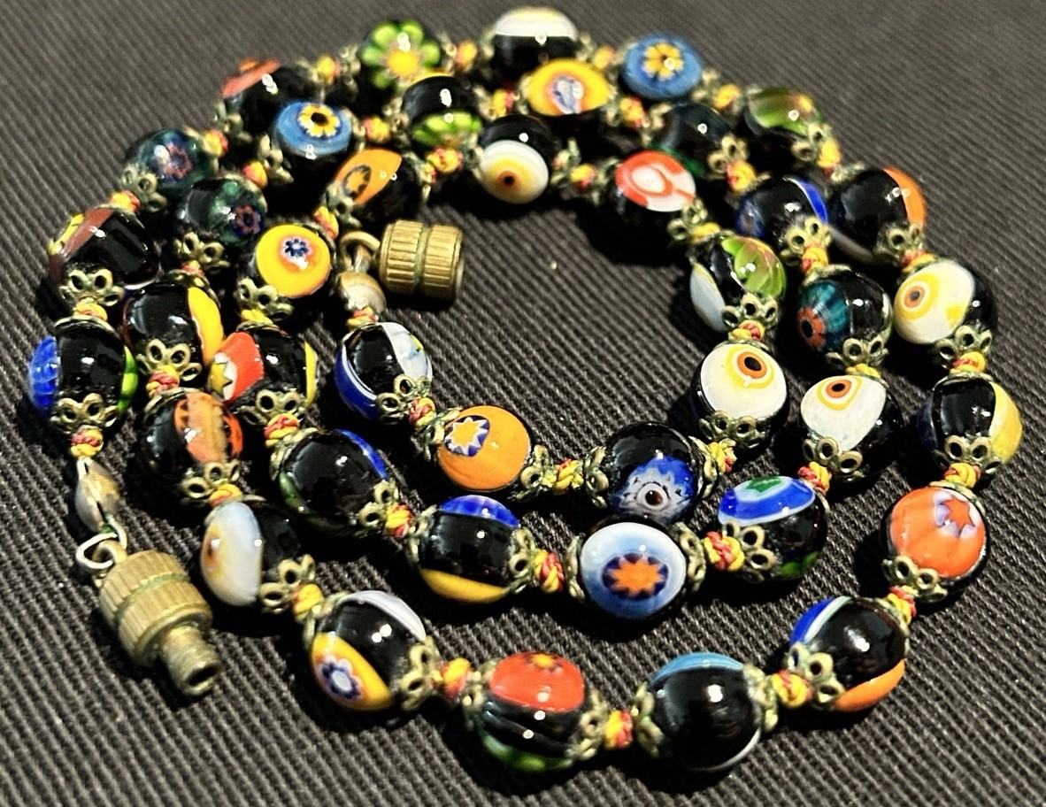 VTG Venetian Colorful Millefiori Glass Beads Knotted Choker Necklace 5mm x 17.5″