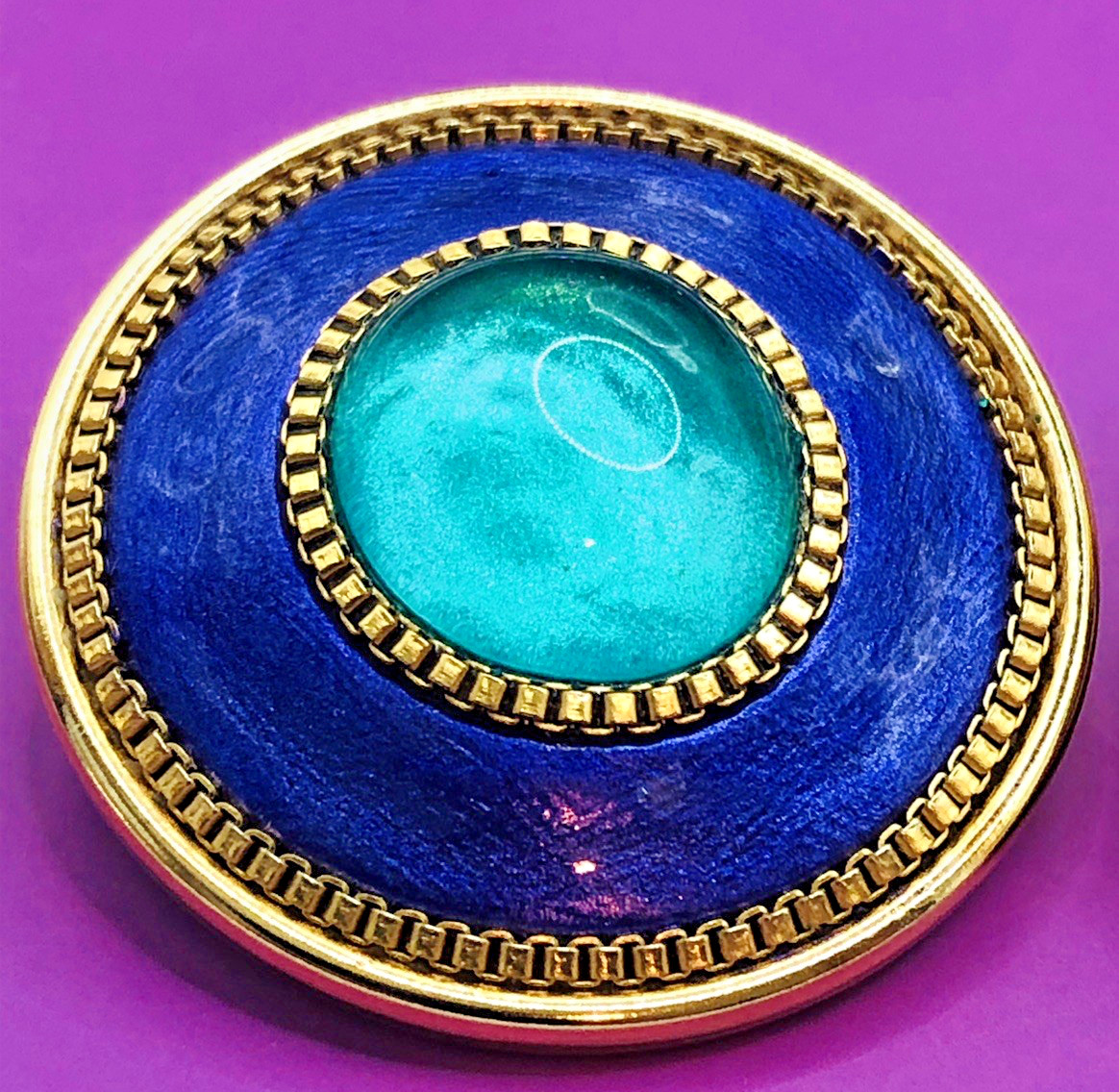 Vtg. MICHAL GOLAN Clip Earrings Gold Tone, Purple, Green Stone Round 1 1/4 In.