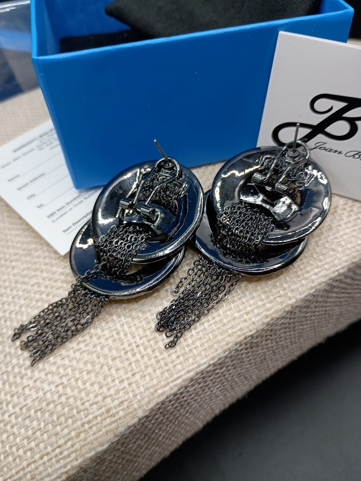 Joan Boyce Rhinestone Pierced Earrings Tassel Hoop Black HSN Signed In Box VTG