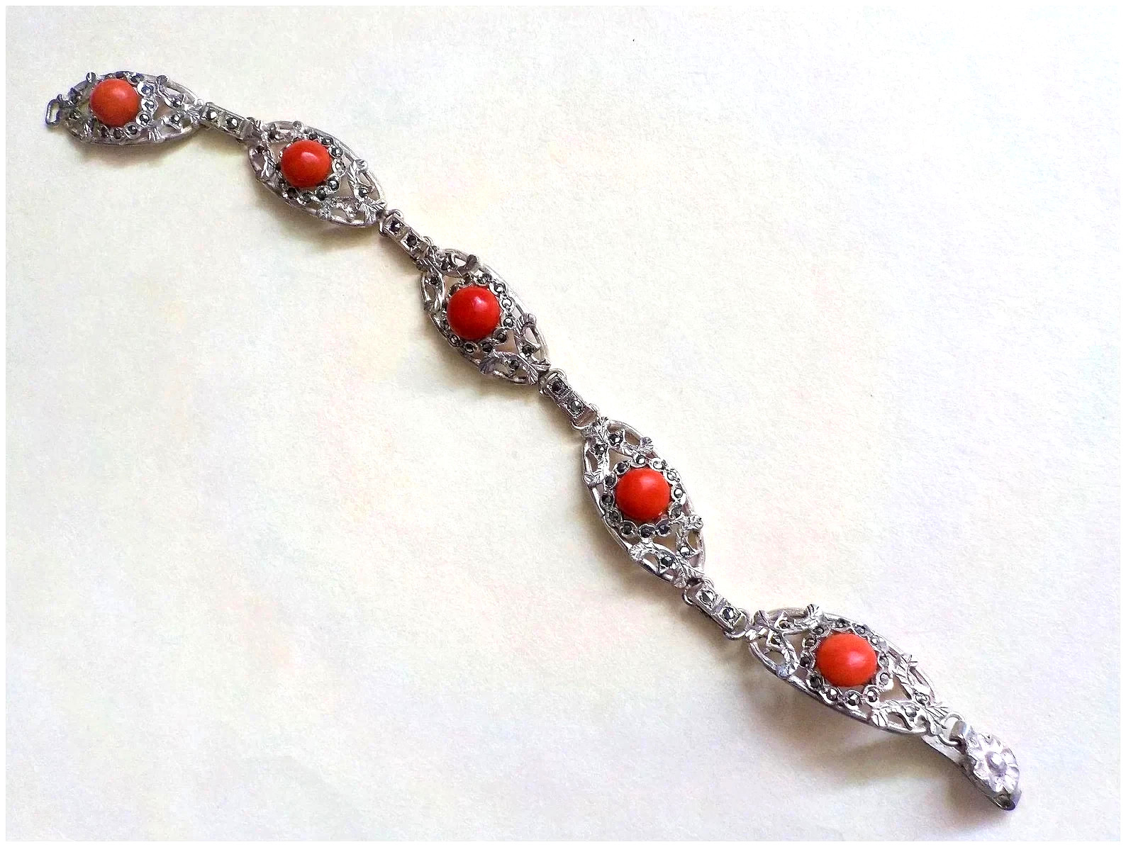 Vintage European Ox Blood Red Coral Marcasite 800 Silver Bracelet