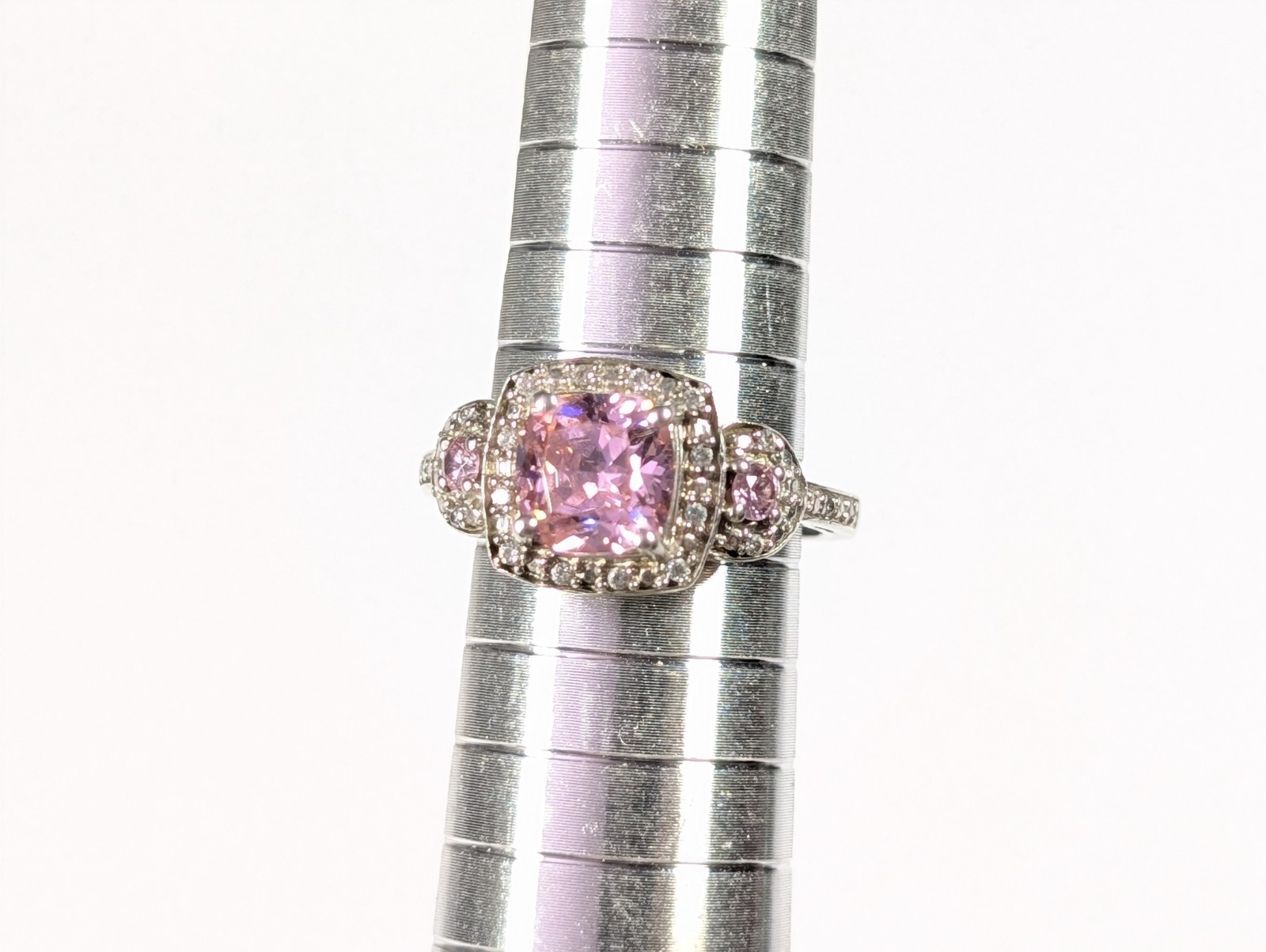 Vtg Sterling Silver 925 Pink CZ Cushion Cut Halo Ring w/ Side Stones H925 Size 7