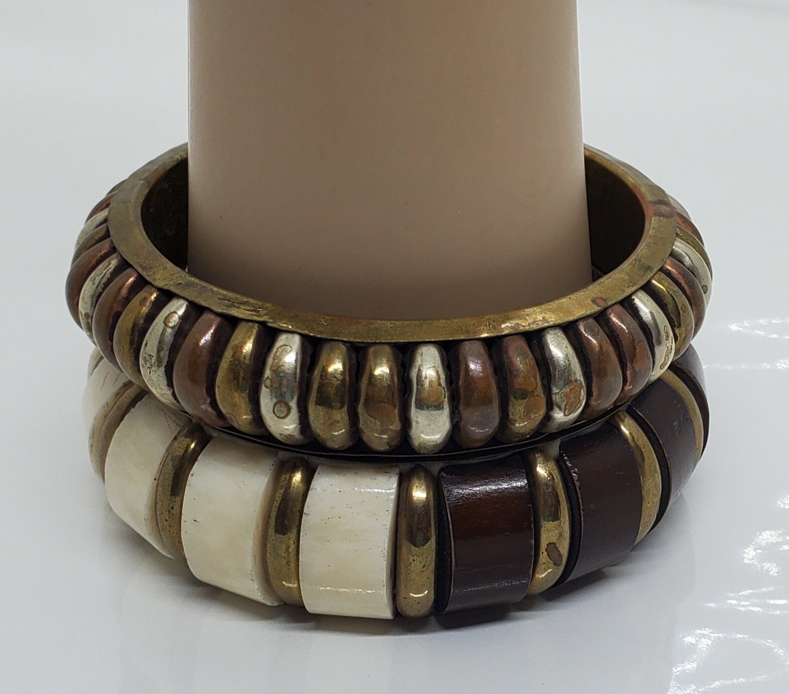 Vintage Wood Metal Bangle Bracelet White Brown Gold Lot of Two