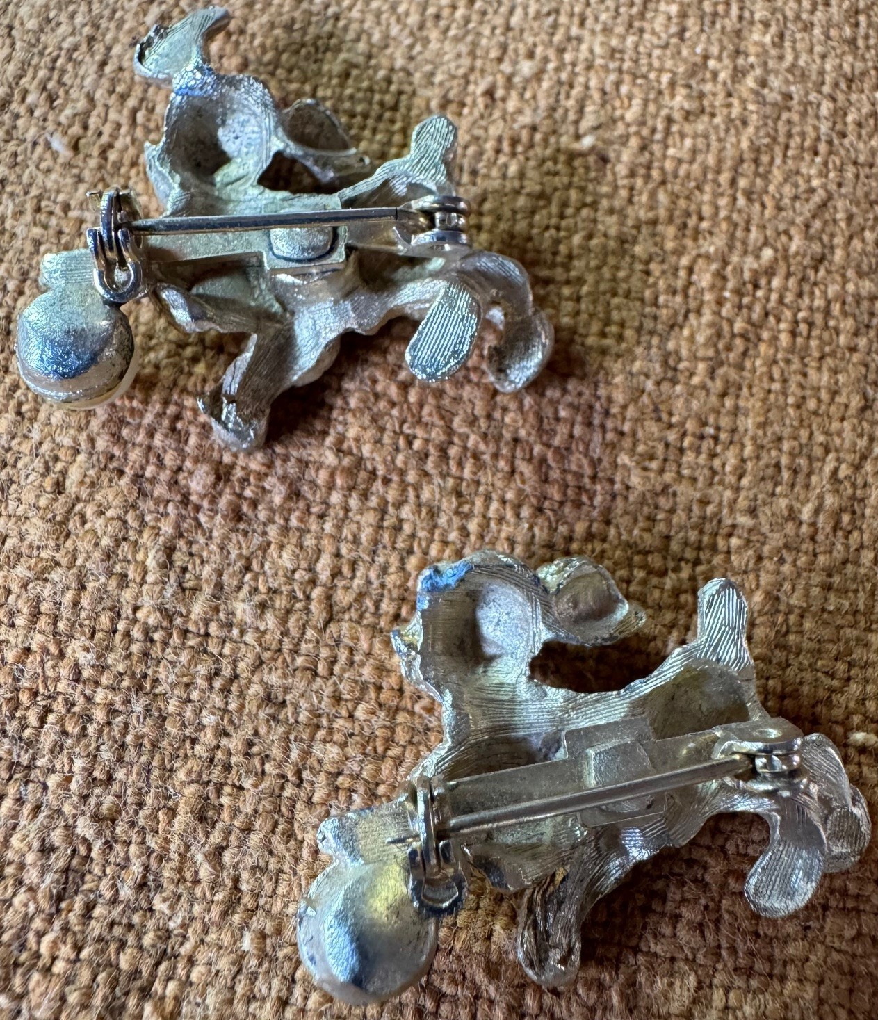Vintage 1960s Dog-Puppy Pins (2) Gold-Tone with Pearls & Green Eyes *NOTES*