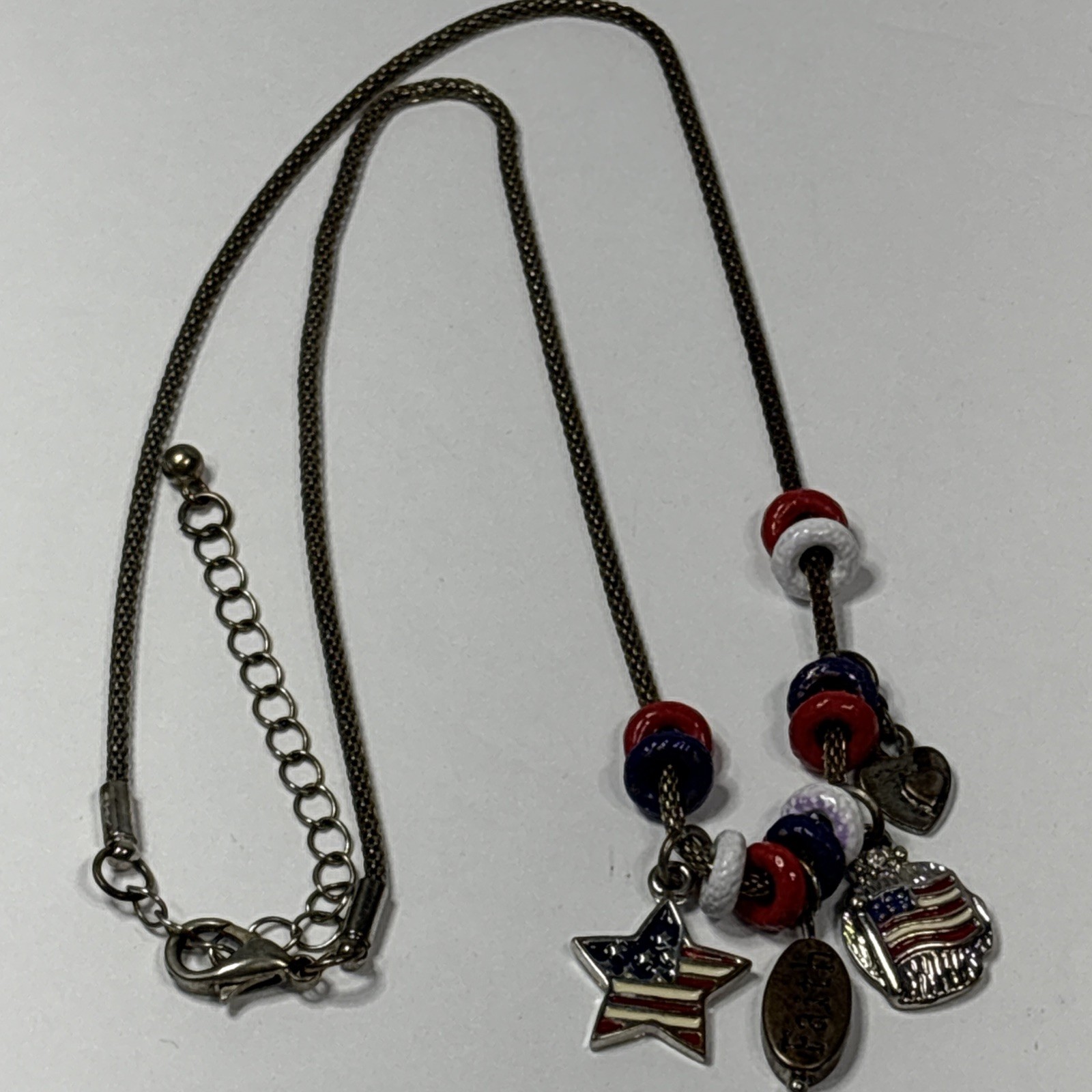 Patriotic Charm Necklace 4th of July Flag 18” Popcorn Chain Red White Blue