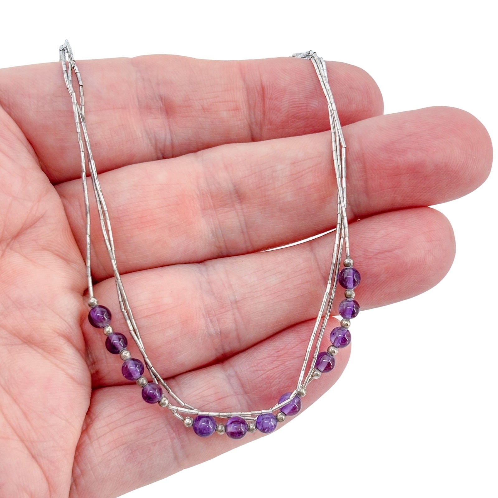 Vintage Sterling Silver 925 Liquid Silver Amethyst Bead Necklace 18″