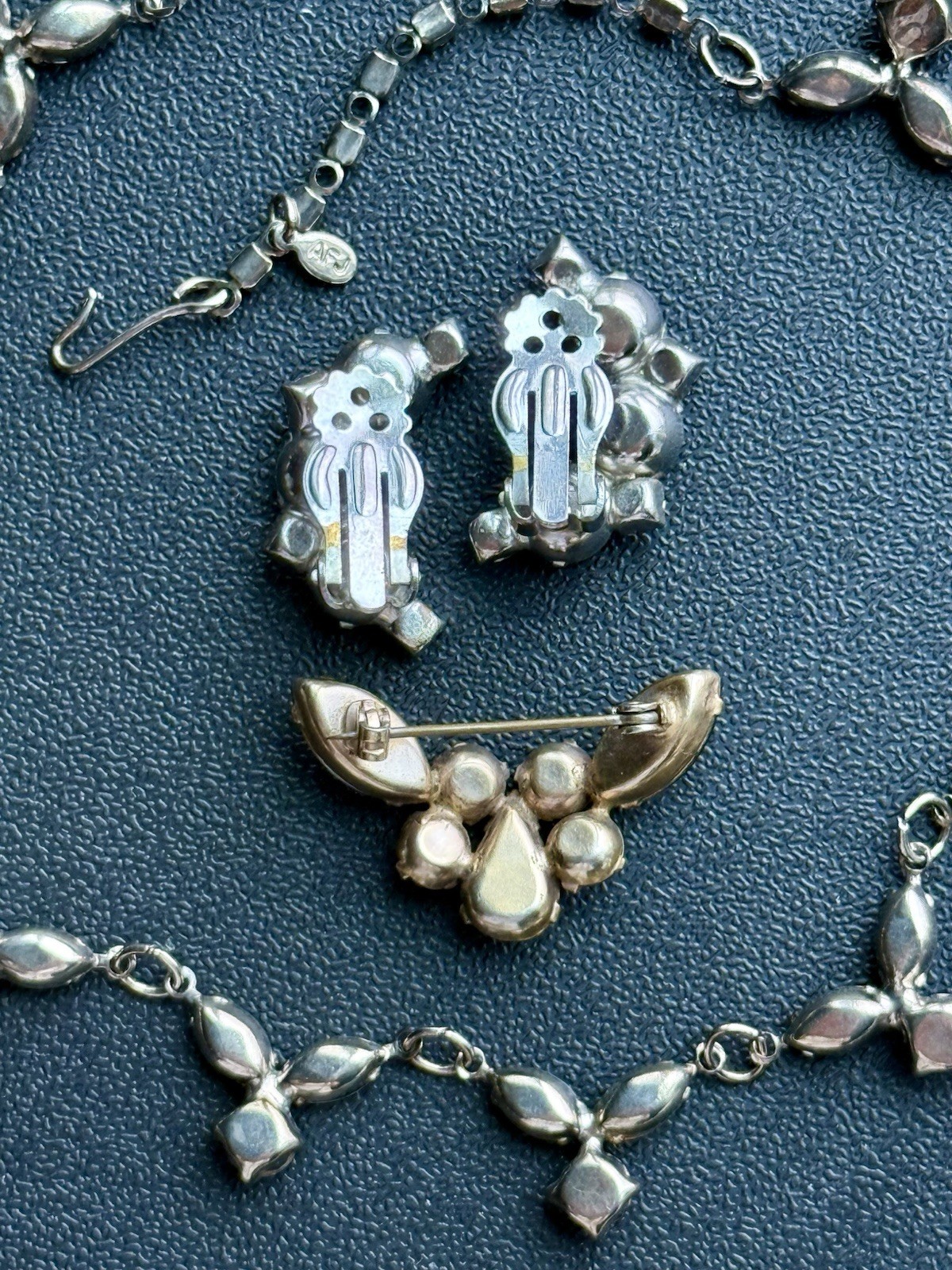 Vintage Designer Jewelry Lot Smoky Grey Rhinestone Necklace Brooch Earrings. A