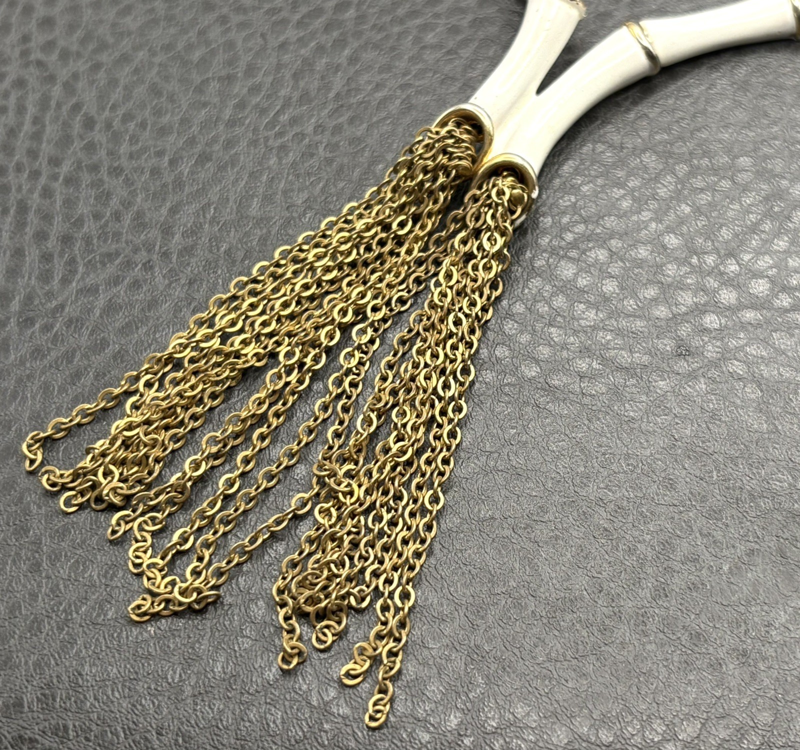 Vintage Unique Chain Tassel Bamboo White Enamel Fringe Drop Estate Necklace