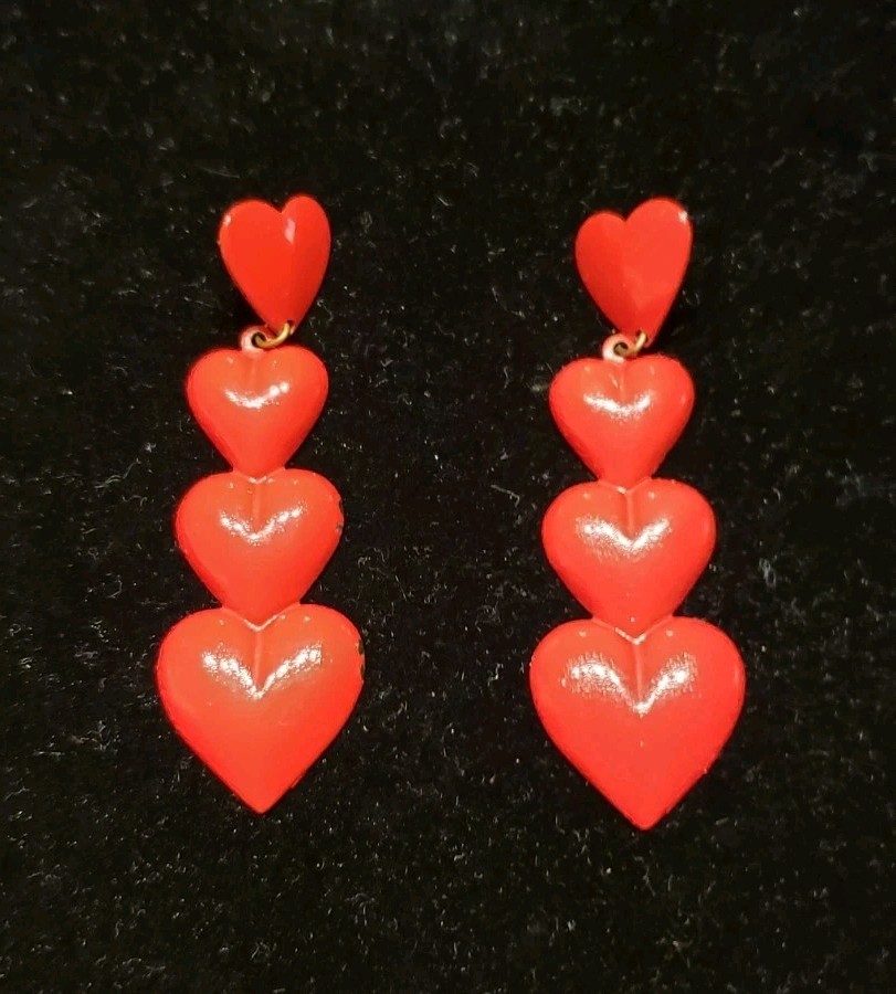 Vintage Estate Cool Red Enamel Linear Puff Heart Earrings Patriotic Valentine