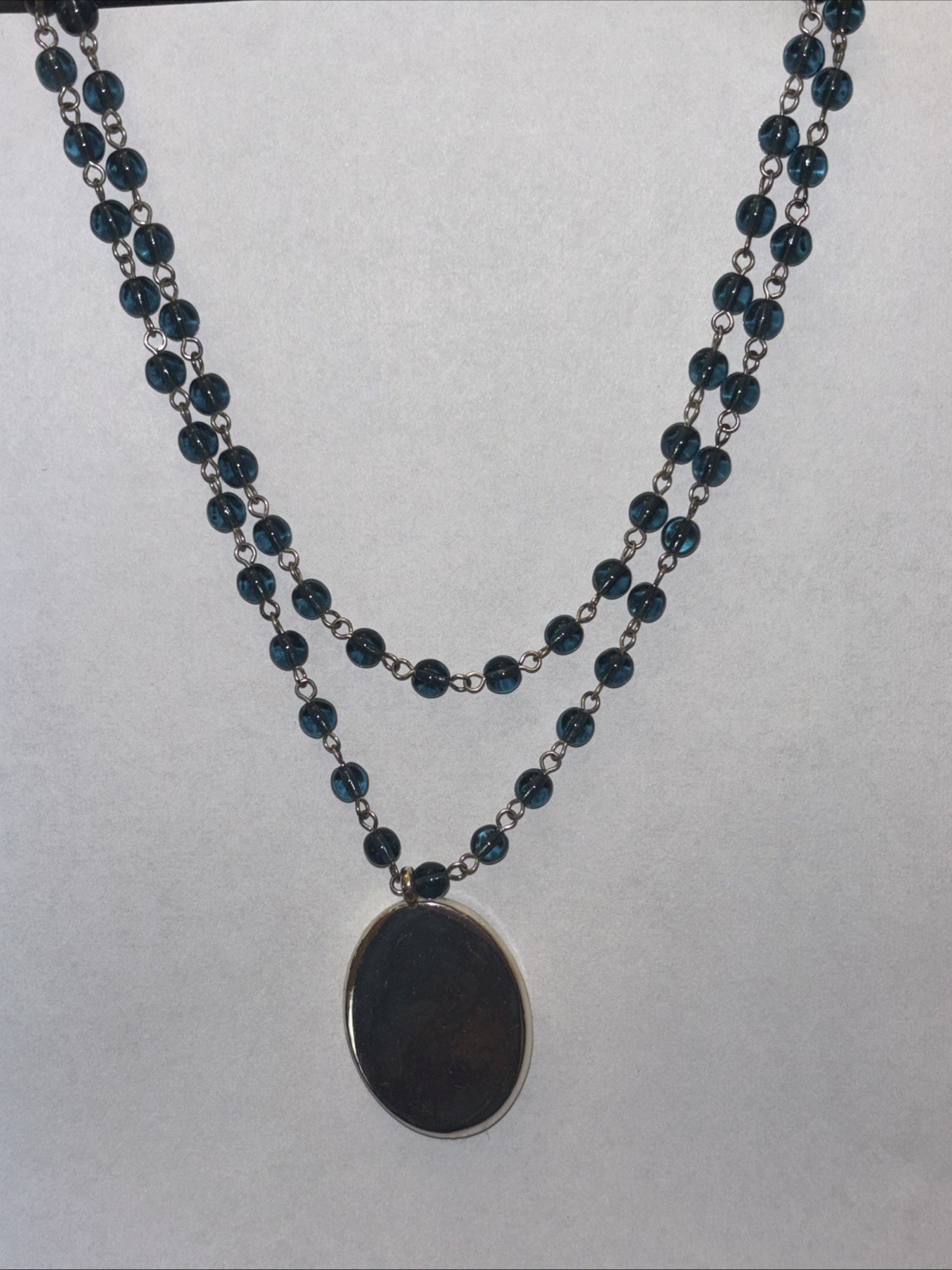 Vintage Violet Flower Decoupage Pendant Necklace Blue Beaded Cottagecore 16”