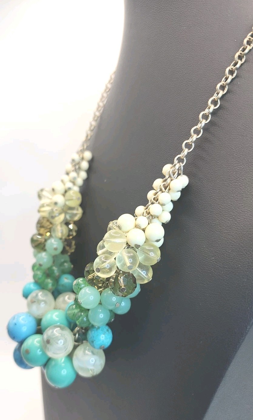Vintage Lia Sophia Sea Foam Statement Necklace Faux Turquoise & Jade Beads 18″