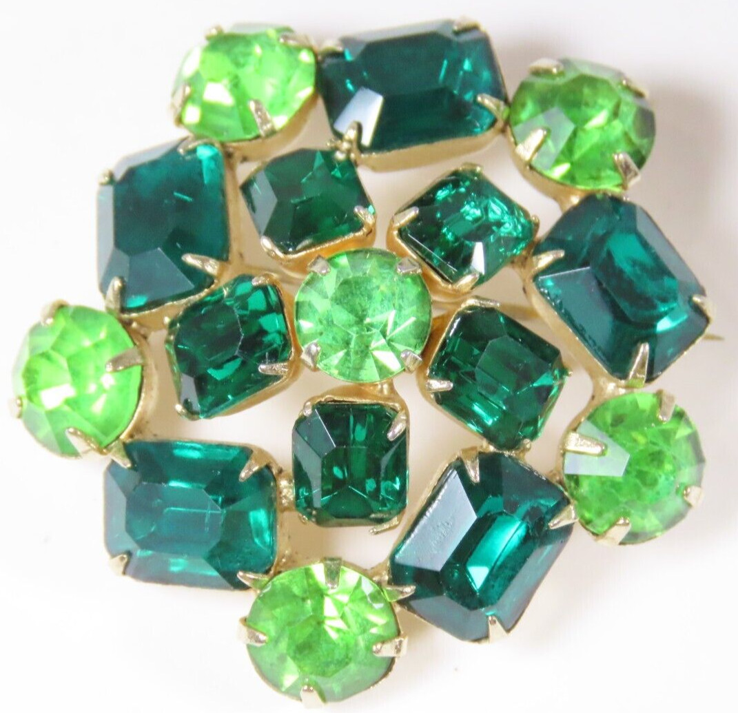Rhinestone Brooch Vintage Light Dark Green Gold Tone Prong Stunning D1542