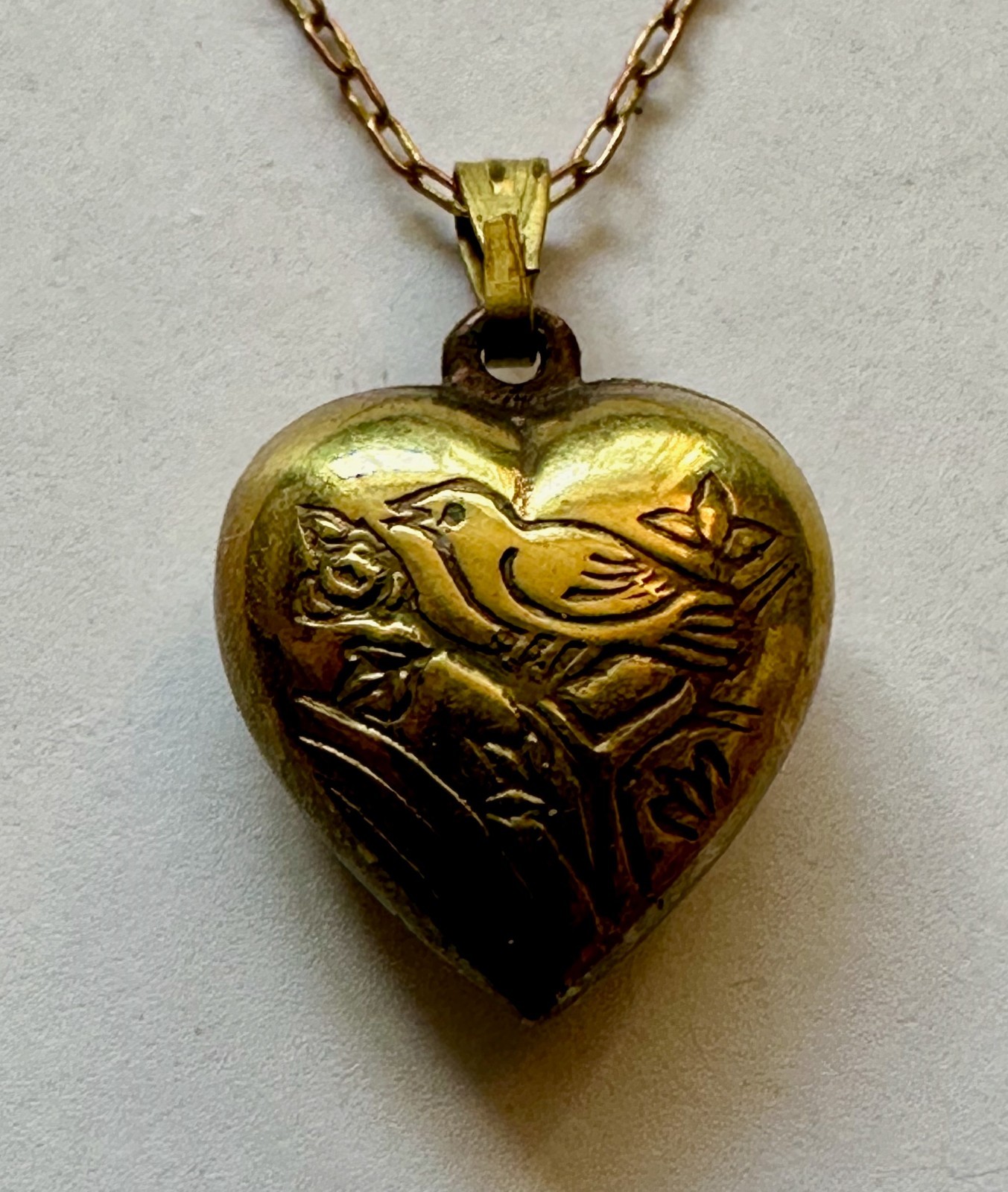 Vintage heart puff brass w Bird both sides Charm pendant 5/8 of 1″ Necklace 18″