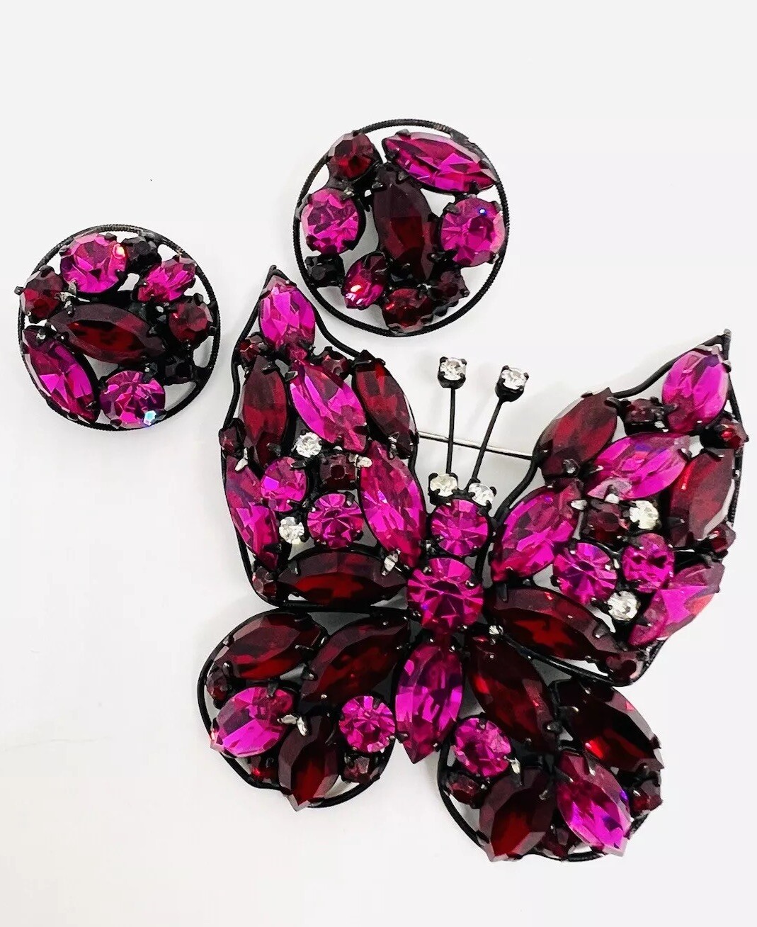 LaRoco Fuchsia & Red Rhinestone Butterfly Brooch Earrings Signed Vintage Jewelry