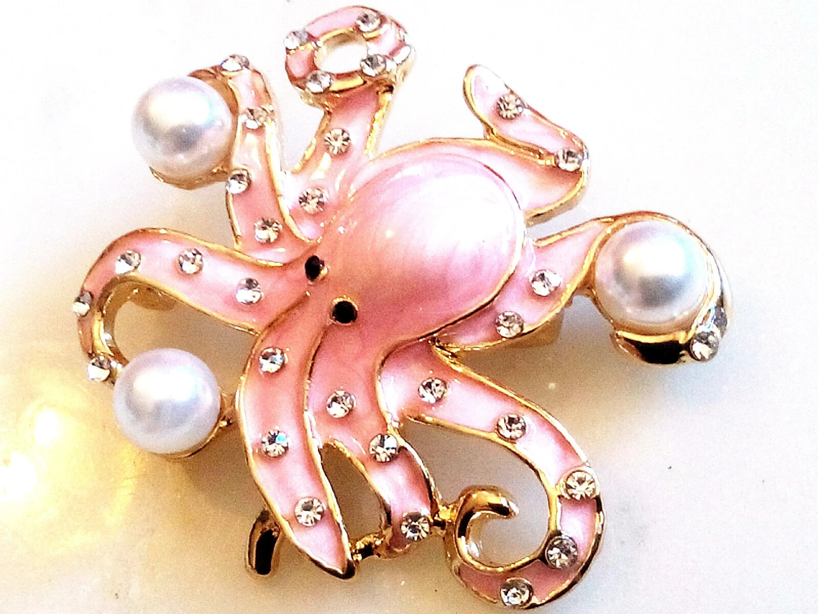 ENAMELED OCTOPUS BROOCH/PENDANT! Pink Enameled, Clear Crystals, Imitation Pearls